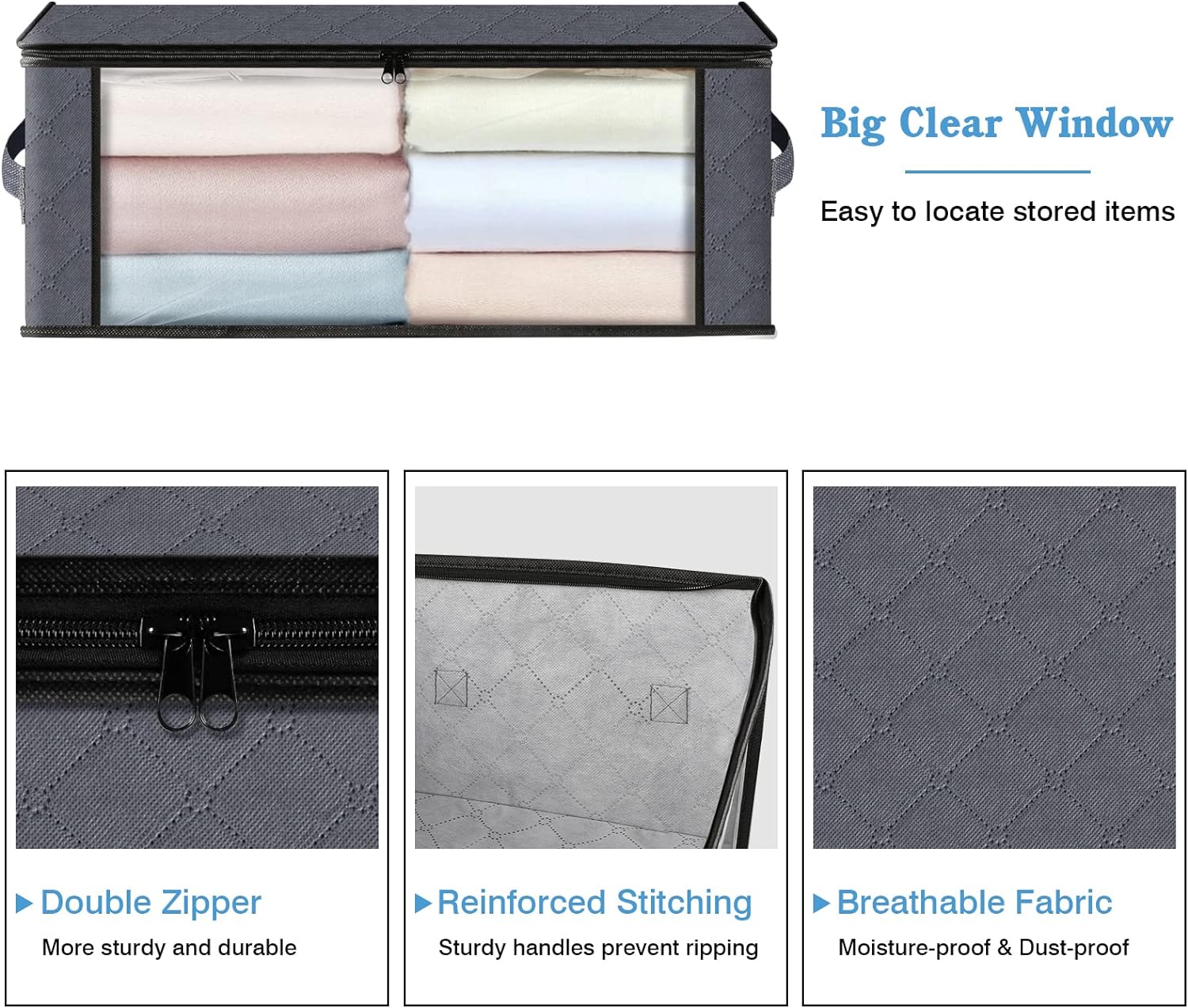 HomeHacks Storage 3-Pack Clothes Organizer Storage Bags Foldable Storage Box with Large Clear Window Sturdy Handles for Closet