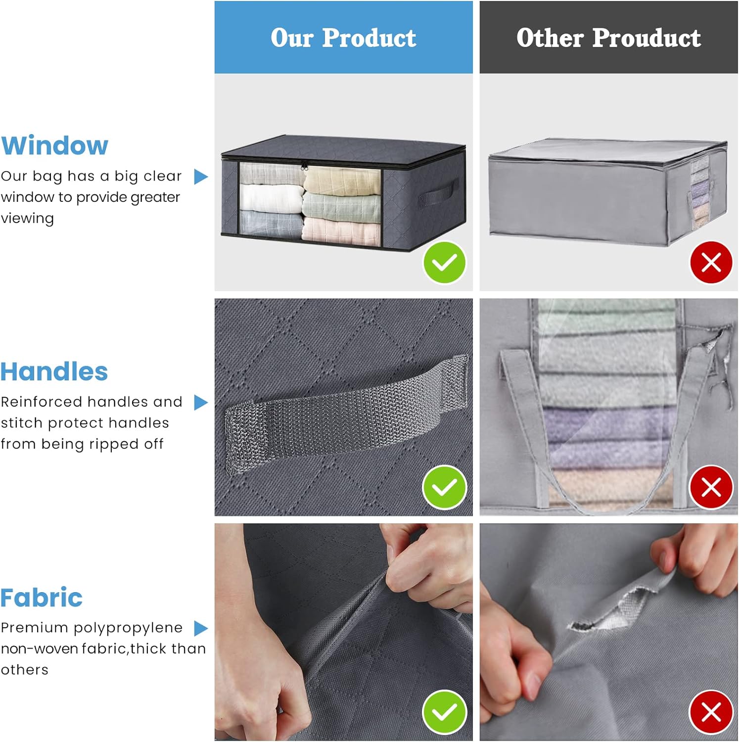 HomeHacks Storage 3-Pack Clothes Organizer Storage Bags Foldable Storage Box with Large Clear Window Sturdy Handles for Closet