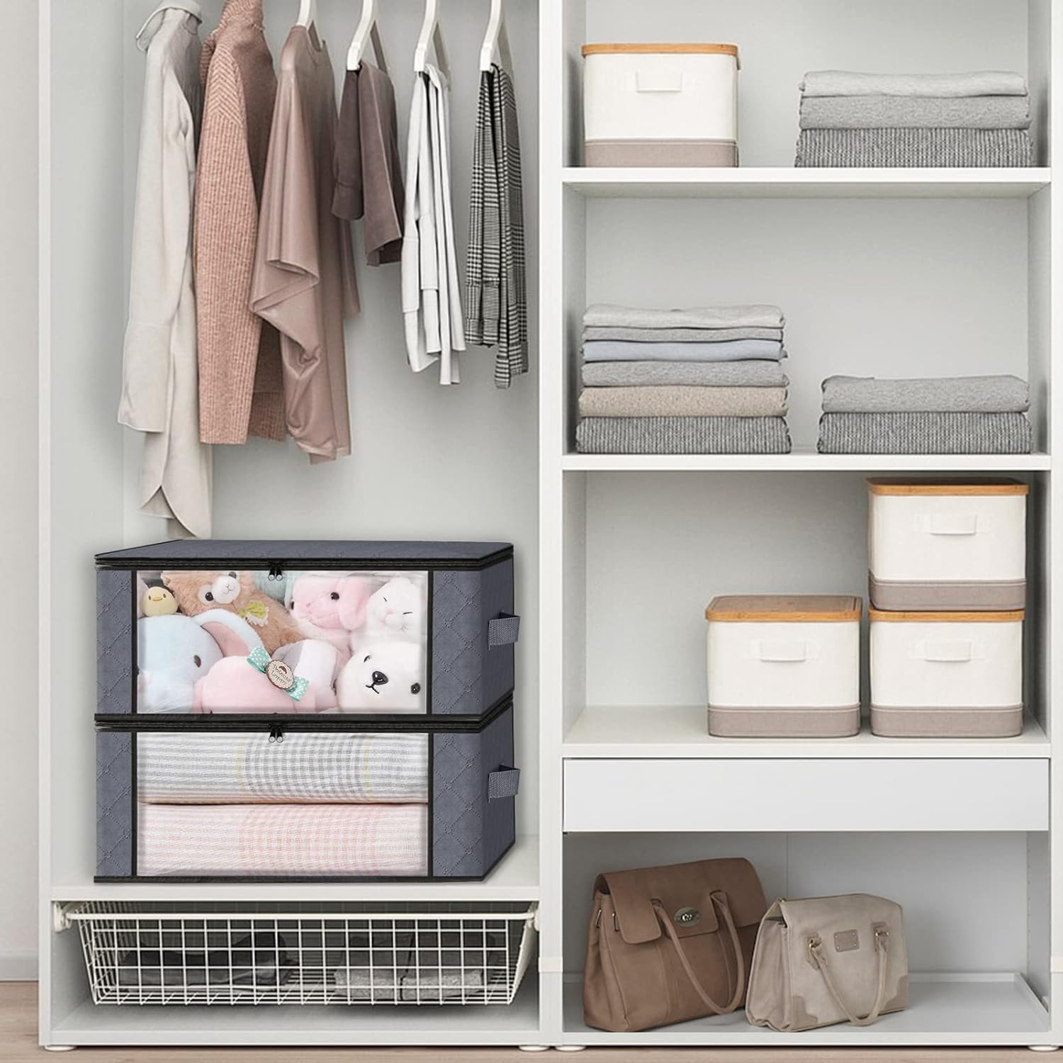 HomeHacks Storage 3-Pack Clothes Organizer Storage Bags Foldable Storage Box with Large Clear Window Sturdy Handles for Closet