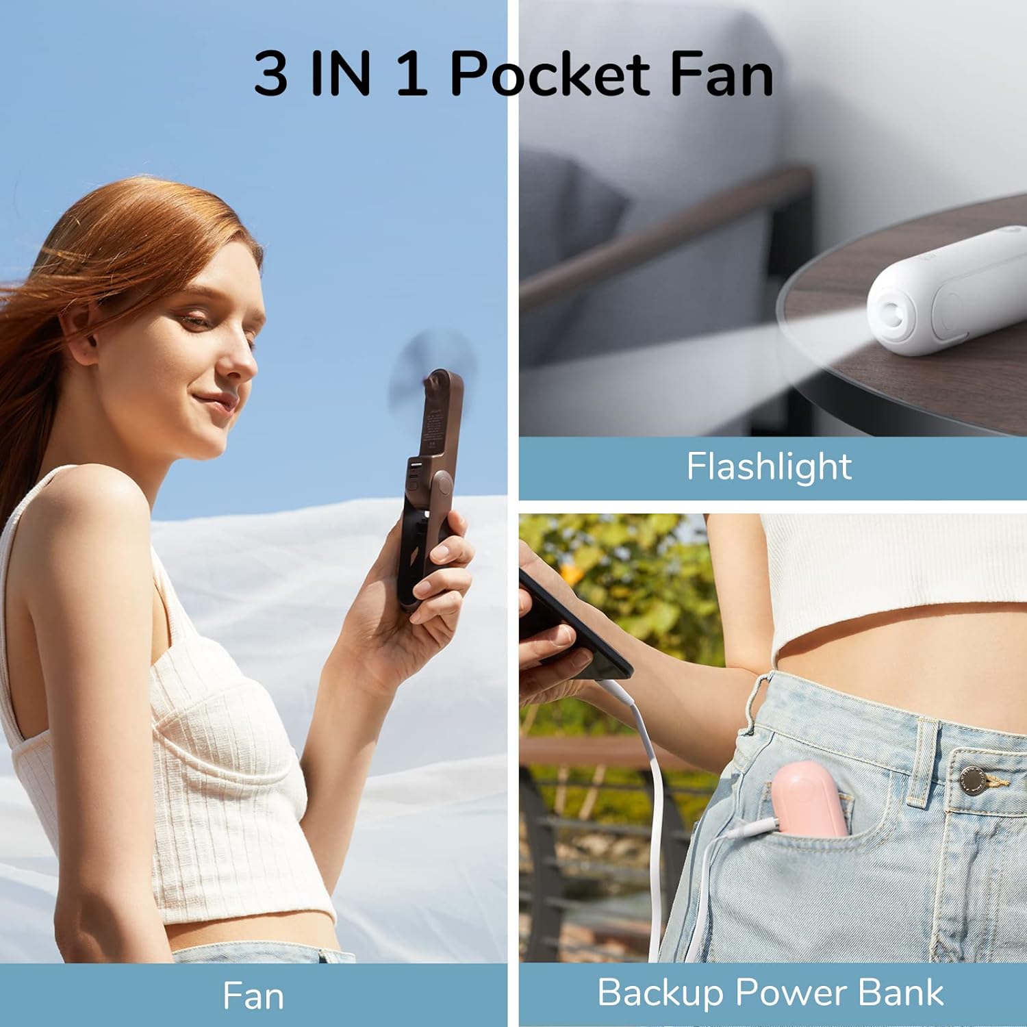 JISULIFE Handheld Mini Fan, 3 IN 1 USB Rechargeable Portable Fan [12-19 Working Hours] with Power Bank, Flashlight, Pocket Design for Travel/Summer/Concerts/Lash, Gifts for Women
