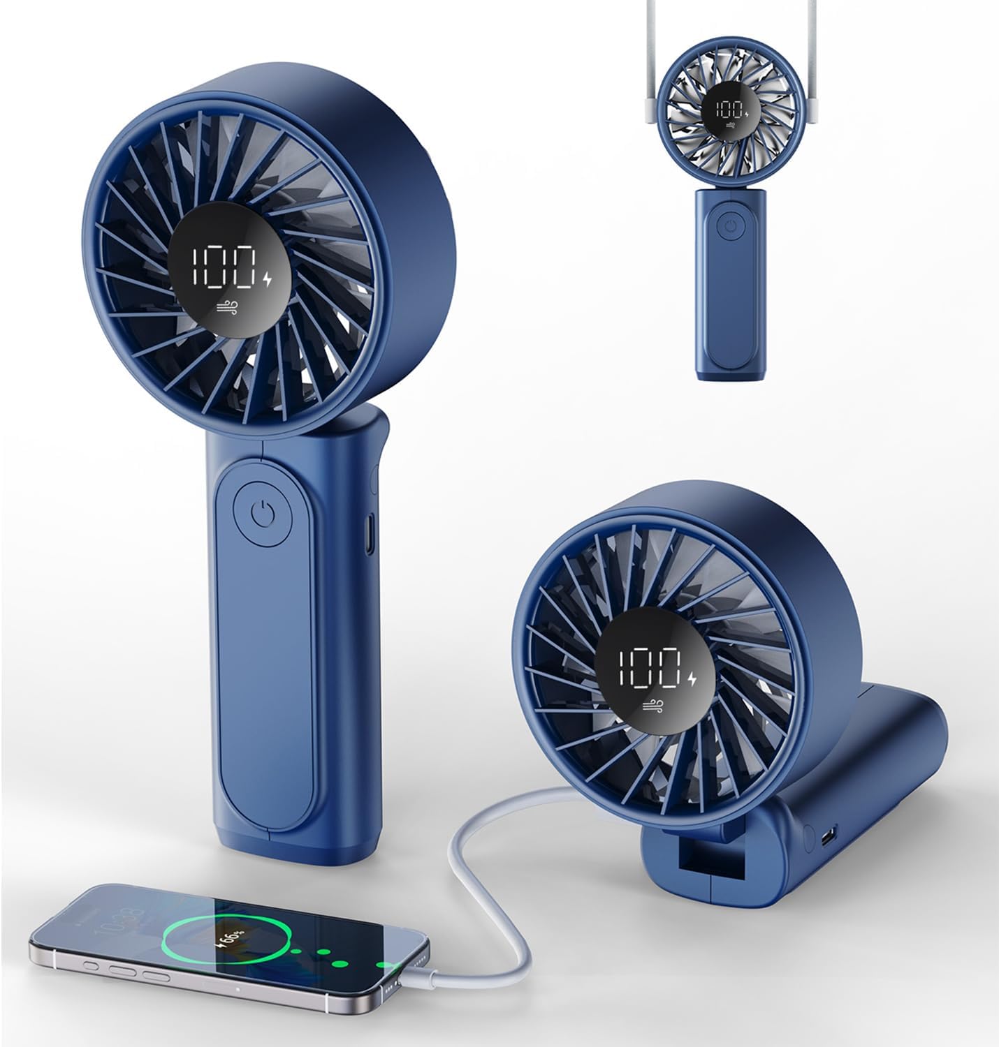 Handheld Fan, Portable Fan, 4000mAh Rechargeable Personal Fan, 180 Foldable Mini Desk Fan with 6 Wind Speed, LCD Digital Display, Lanyard as Neck Fan, Ultra Quiet, Pocket Size for Indoor Outdoor