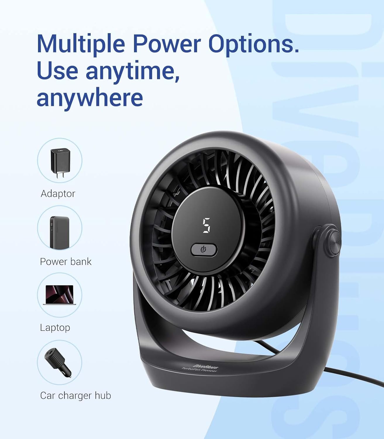 USB Desk Turbo Fan, Ultra-Quiet Mini Desk Fan, Powerful Wind, LED Display, 5 Speed, 360 Rotating Small Portable Fan for Home, Office and Outdoor Cool Tech Gadgets - TurboBreeze