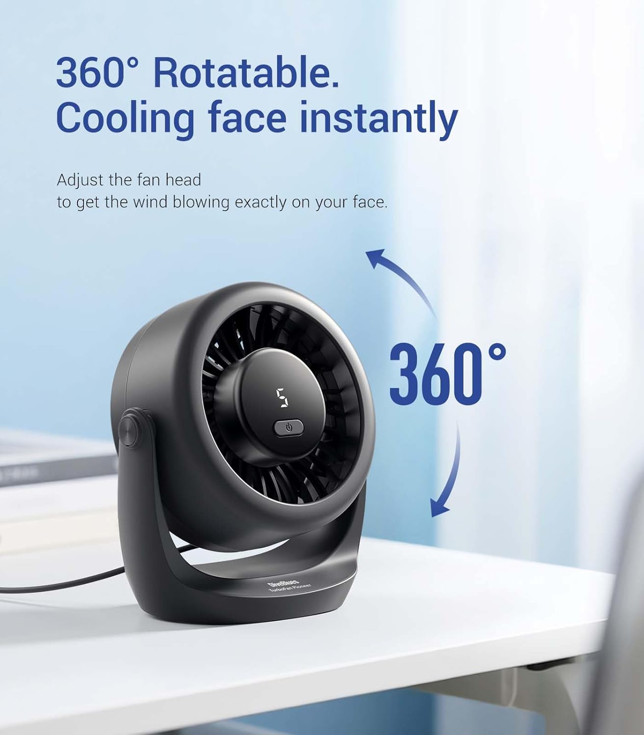 USB Desk Turbo Fan, Ultra-Quiet Mini Desk Fan, Powerful Wind, LED Display, 5 Speed, 360 Rotating Small Portable Fan for Home, Office and Outdoor Cool Tech Gadgets - TurboBreeze