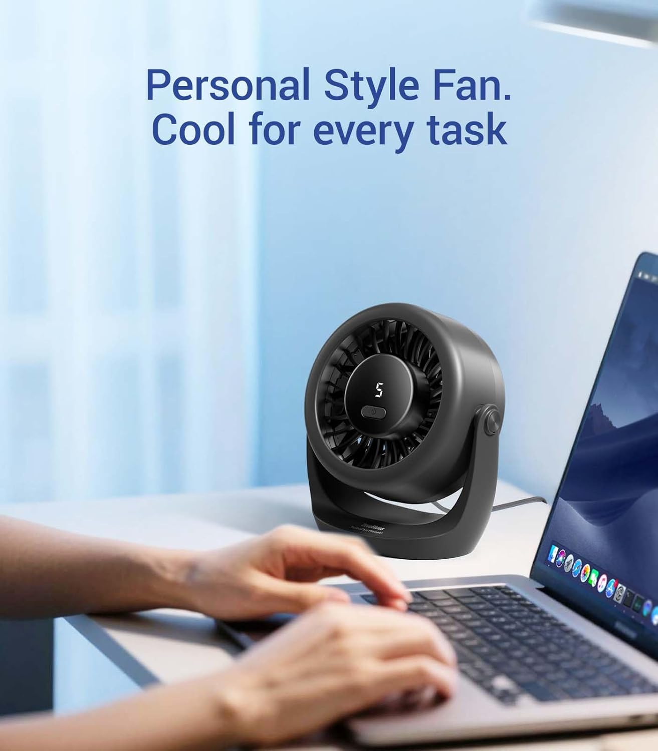 USB Desk Turbo Fan, Ultra-Quiet Mini Desk Fan, Powerful Wind, LED Display, 5 Speed, 360 Rotating Small Portable Fan for Home, Office and Outdoor Cool Tech Gadgets - TurboBreeze