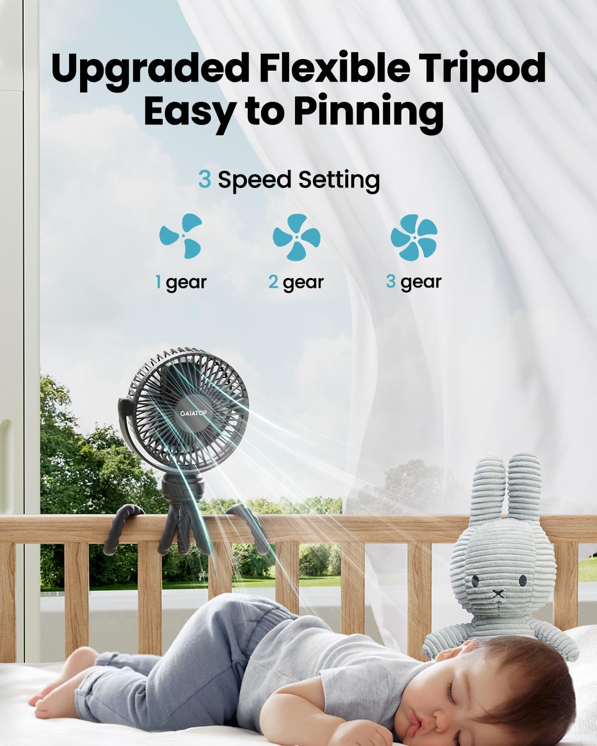 Gaiatop Mini Portable Stroller Fan, Battery Operated Small Clip on, Detachable 3 Speed Rechargeable, 360� Rotate Flexible Tripod Better Cooling for Car Seat Crib Treadmill Travel Black