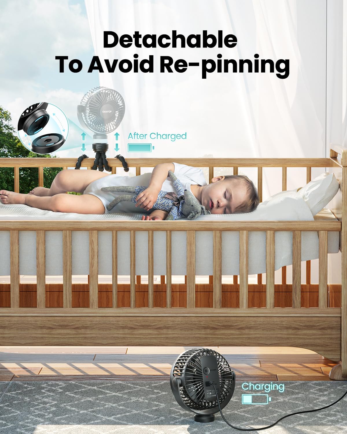 Gaiatop Mini Portable Stroller Fan, Battery Operated Small Clip on, Detachable 3 Speed Rechargeable, 360� Rotate Flexible Tripod Better Cooling for Car Seat Crib Treadmill Travel Black