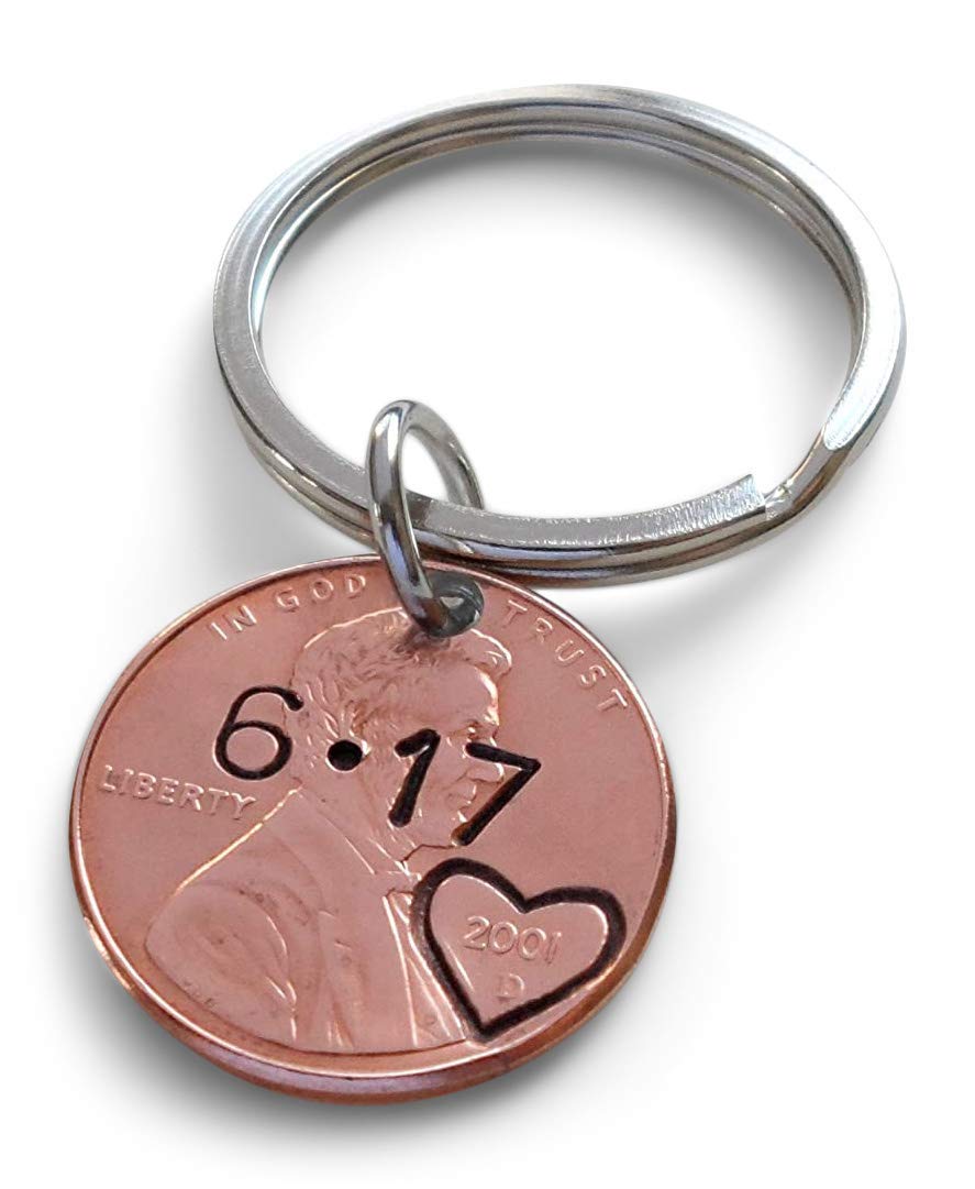 Custom Hand Stamped Personalized Penny Keychain Initials With Heart Around Year Other Options Anniversary Gift Husband Wife Key Chain Boyfriend Girlfriend Gift Customized Couples Keychain