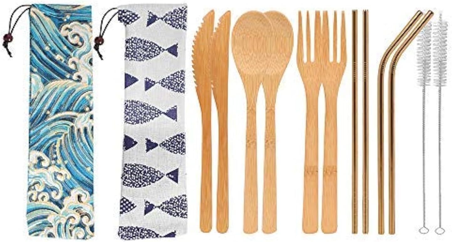 Uptrust 2 Set Bamboo Cutlery Set Bamboo Travel Utensils Reusable Bamboo Utensils With Case 78 Inches Bamboo Knife Fork Spoon 3 Colors Metal Straw Portable Travel Set Golden Straw