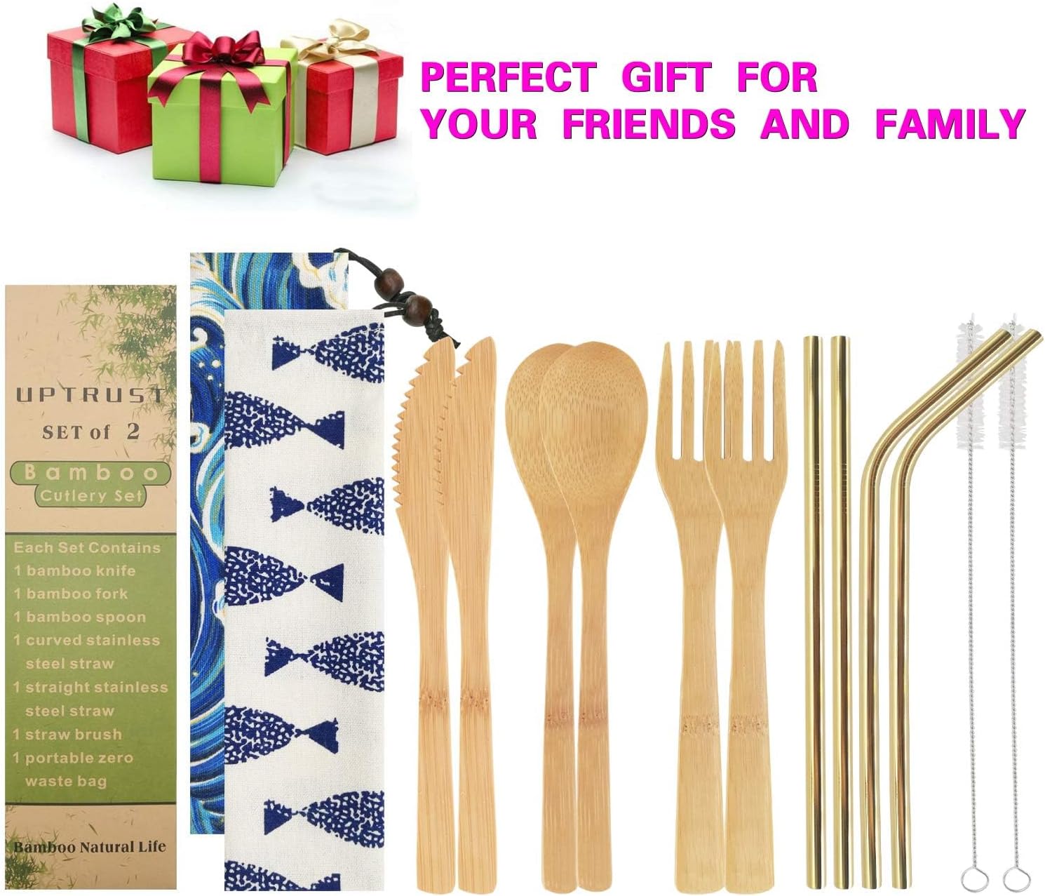 Uptrust 2 Set Bamboo Cutlery Set Bamboo Travel Utensils Reusable Bamboo Utensils With Case 78 Inches Bamboo Knife Fork Spoon 3 Colors Metal Straw Portable Travel Set Golden Straw