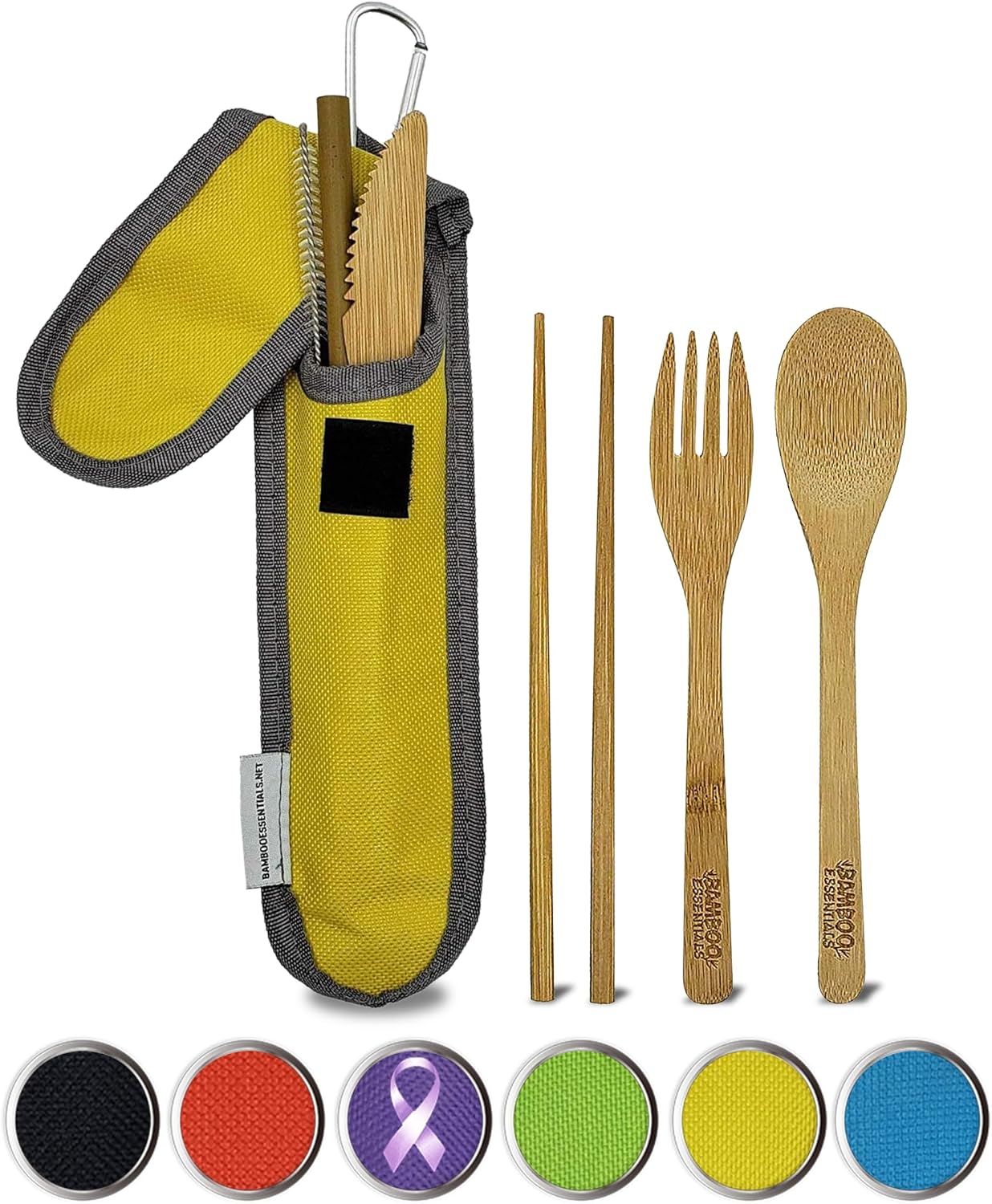 Travel Utensils With Case Set Fork Knife Spoon Chopsticks Straw Straw-cleaning Brush Travel Pouch And Carabiner Excellent For Everyday Use! 1set Sunrise Yellow