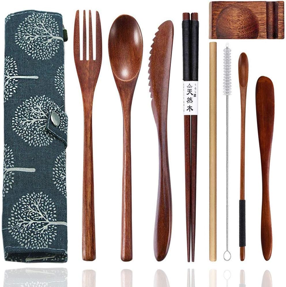 Bamboo Utensils For Eating Reusable Wooden Travel Flatware Set With Case 9 Pcs Durable Wooden Cutlery Wooden Spoons Forks And Chopsticks Wood Flatware Set With Knife Fork Spoon Chopsticks Straw
