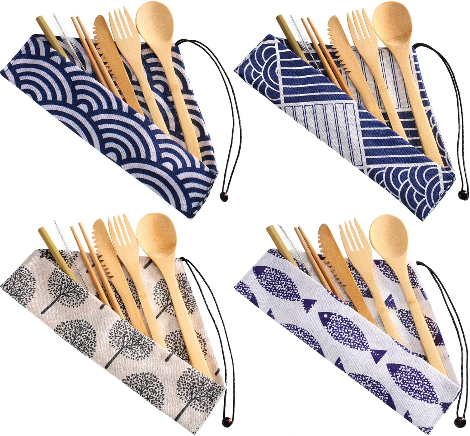 Boao 4 Sets Bamboo Utensils Wooden Utensils Set Reusable Cutlery Travel Chopsticks Fork Spoon Straw Portable Utensil Case For Travel Hiking Picnic Camping Cooking Office Kitchenchic Style