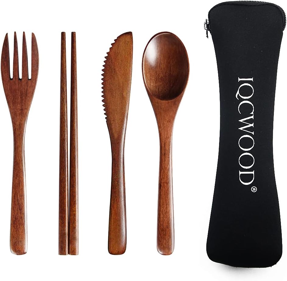 Portable Wooden Cutlery Set For Travel And Camping - 4 Piece Set With Reusable Wooden Spoon Fork Knife And Chopsticks