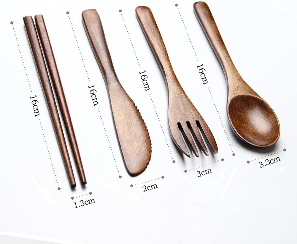Portable Wooden Cutlery Set For Travel And Camping - 4 Piece Set With Reusable Wooden Spoon Fork Knife And Chopsticks