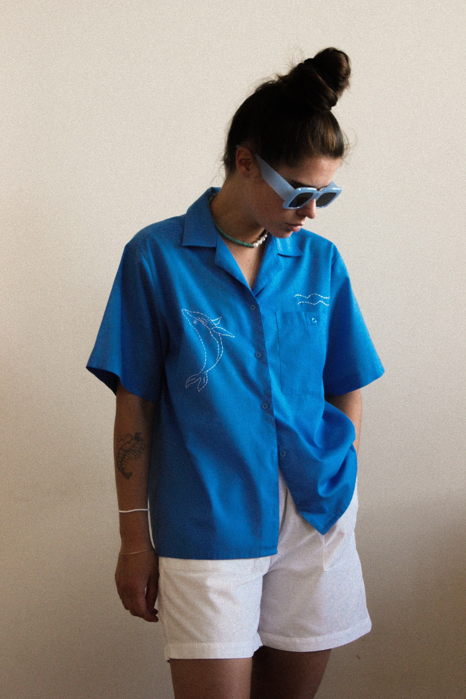 Hand Embroidered The Big Blue Shirt With Short Sleeves