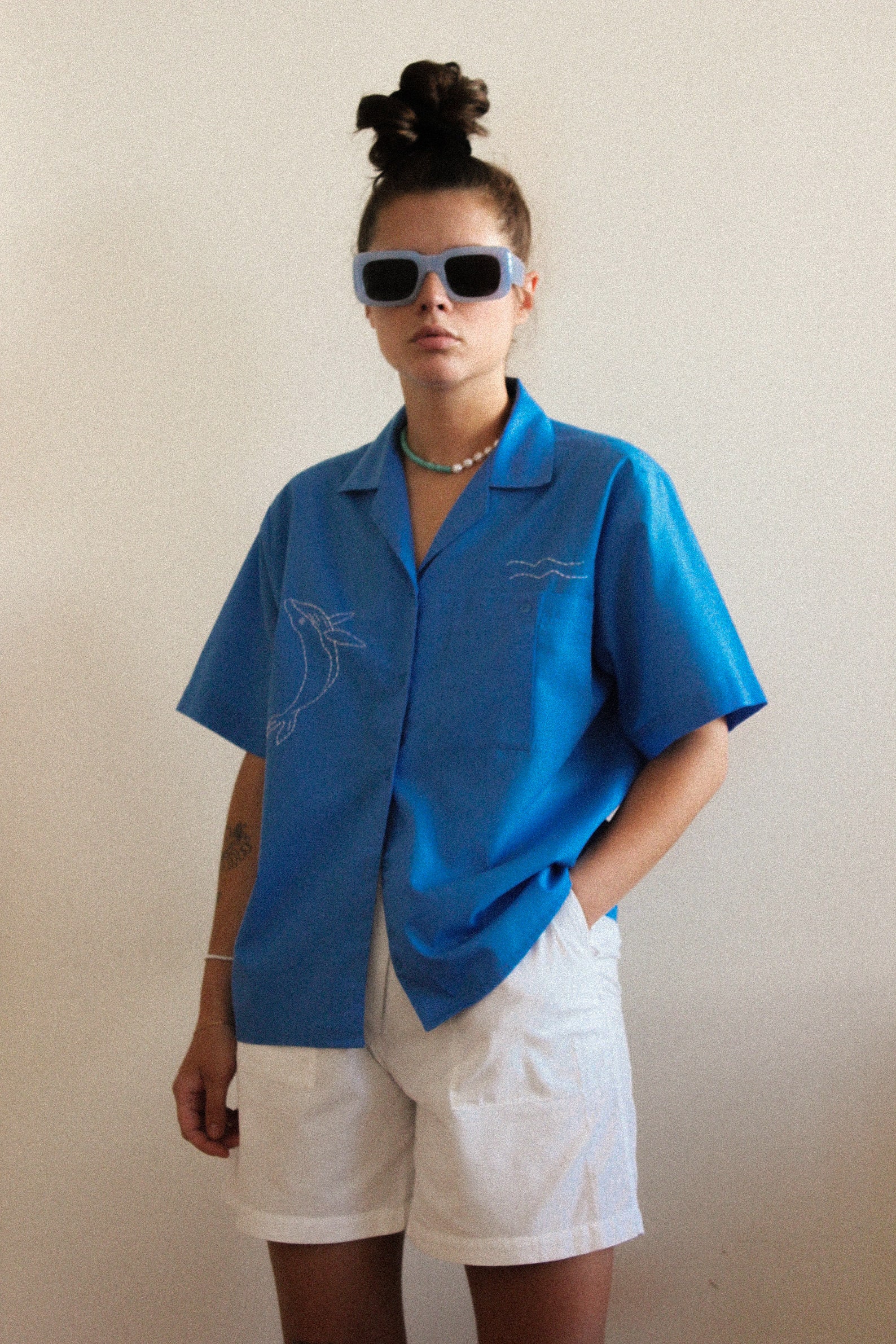 Hand Embroidered The Big Blue Shirt With Short Sleeves