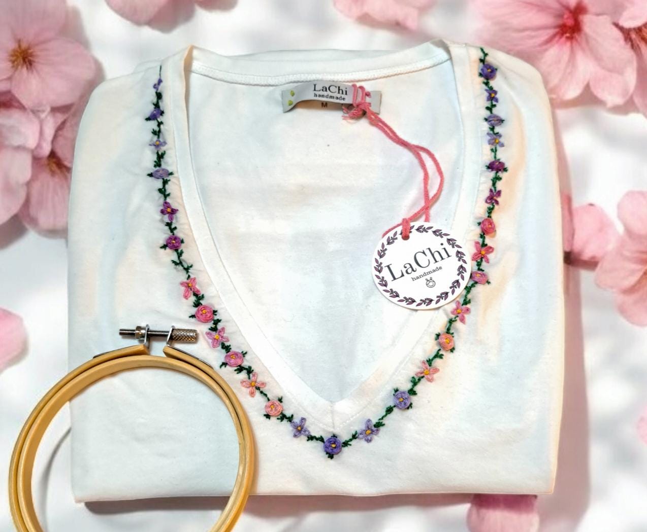 Custom Hand Embroidered T-shirt With Colorful Flowers
