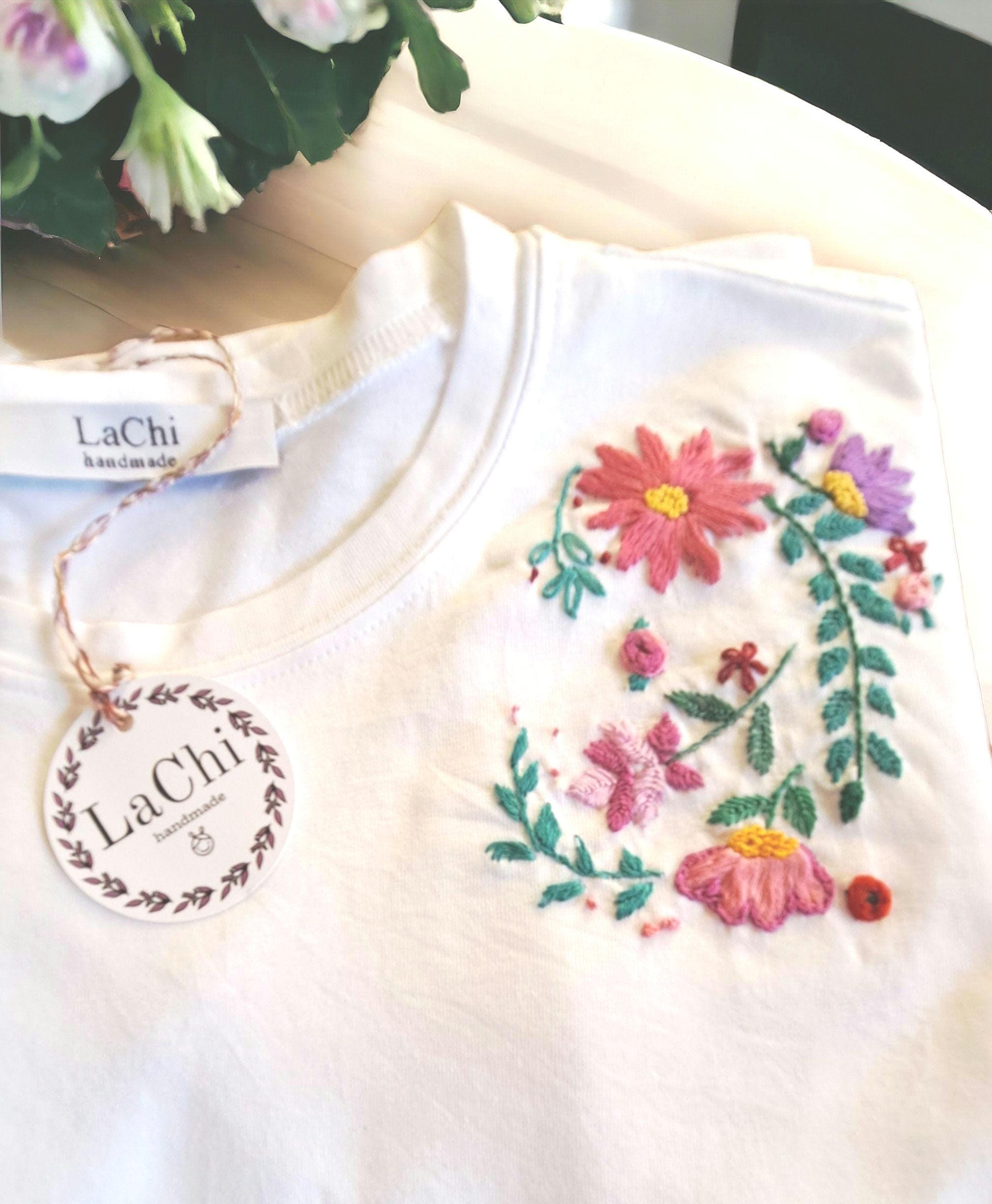 Hand Embroidered T-shirt With Colorful Flowers