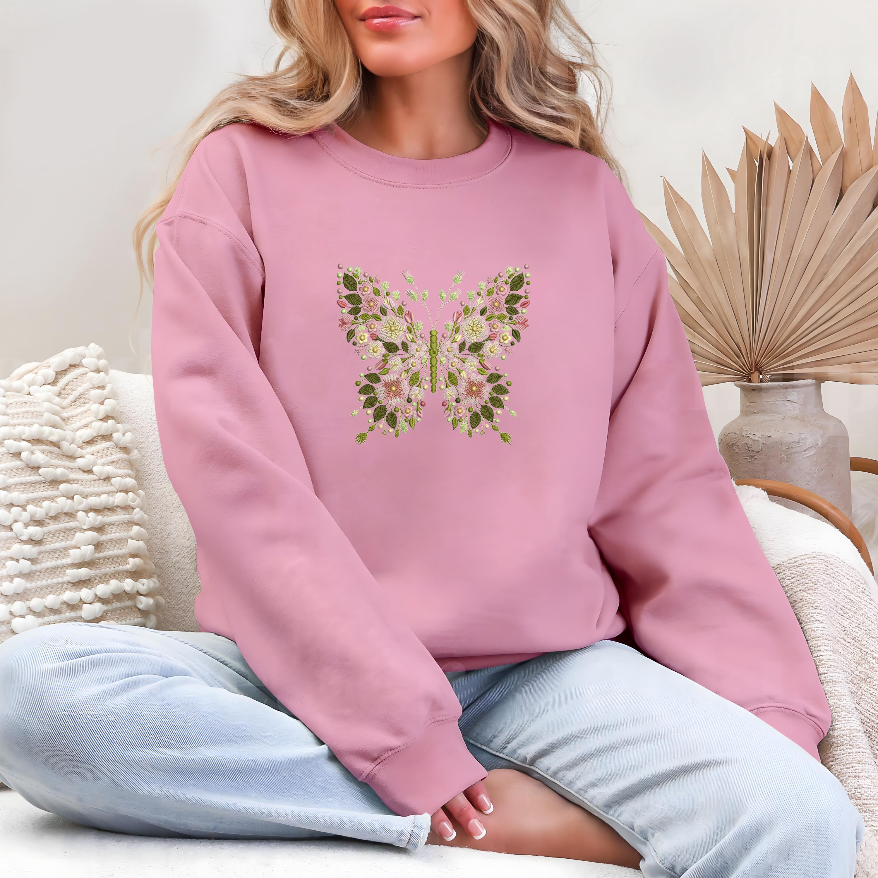 Butterfly Machine Embroidered Sweatshirt Butterfly Floral Embroidery Sewing Patchembroidery Pattern Butterflies Tee Gift For Women