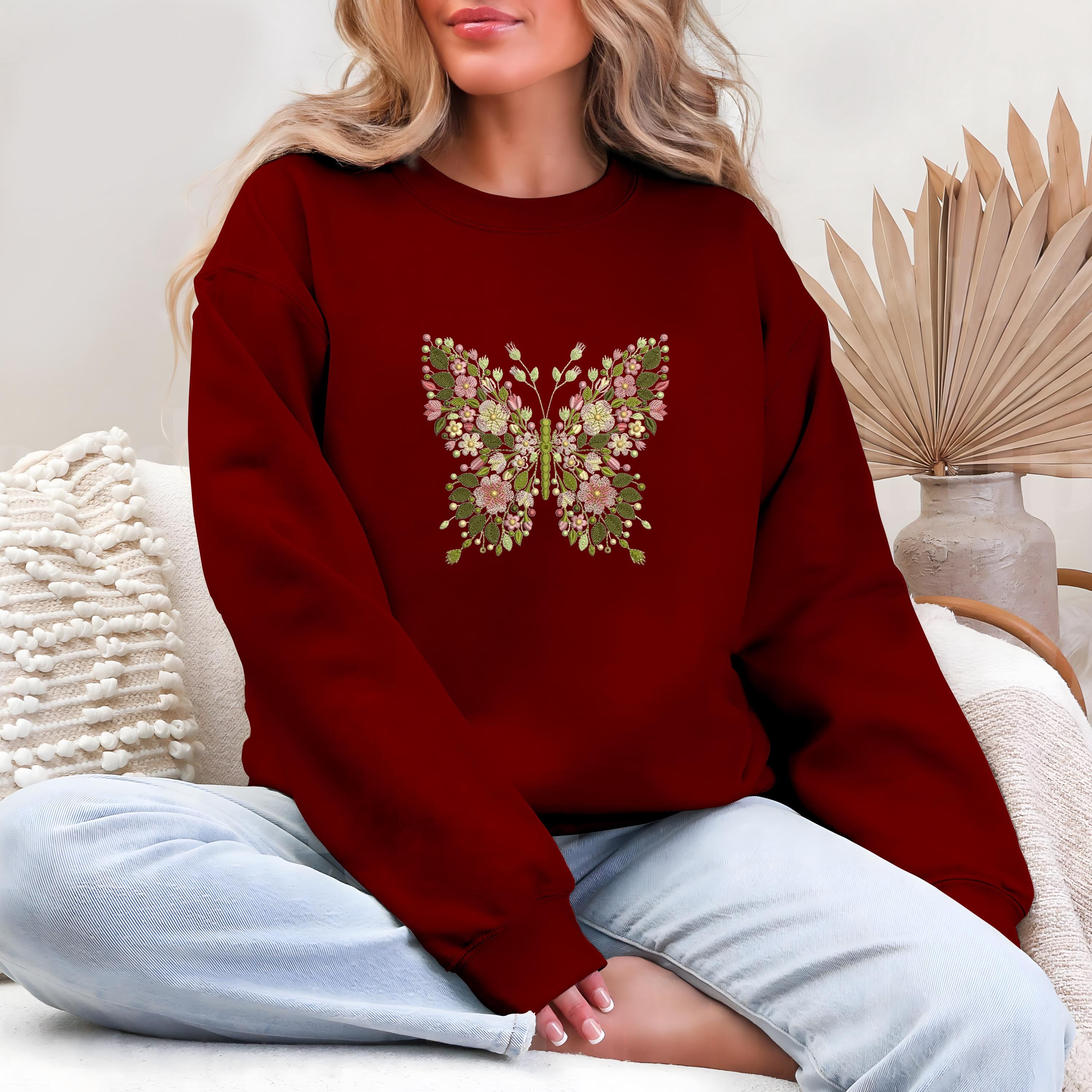 Butterfly Machine Embroidered Sweatshirt Butterfly Floral Embroidery Sewing Patchembroidery Pattern Butterflies Tee Gift For Women