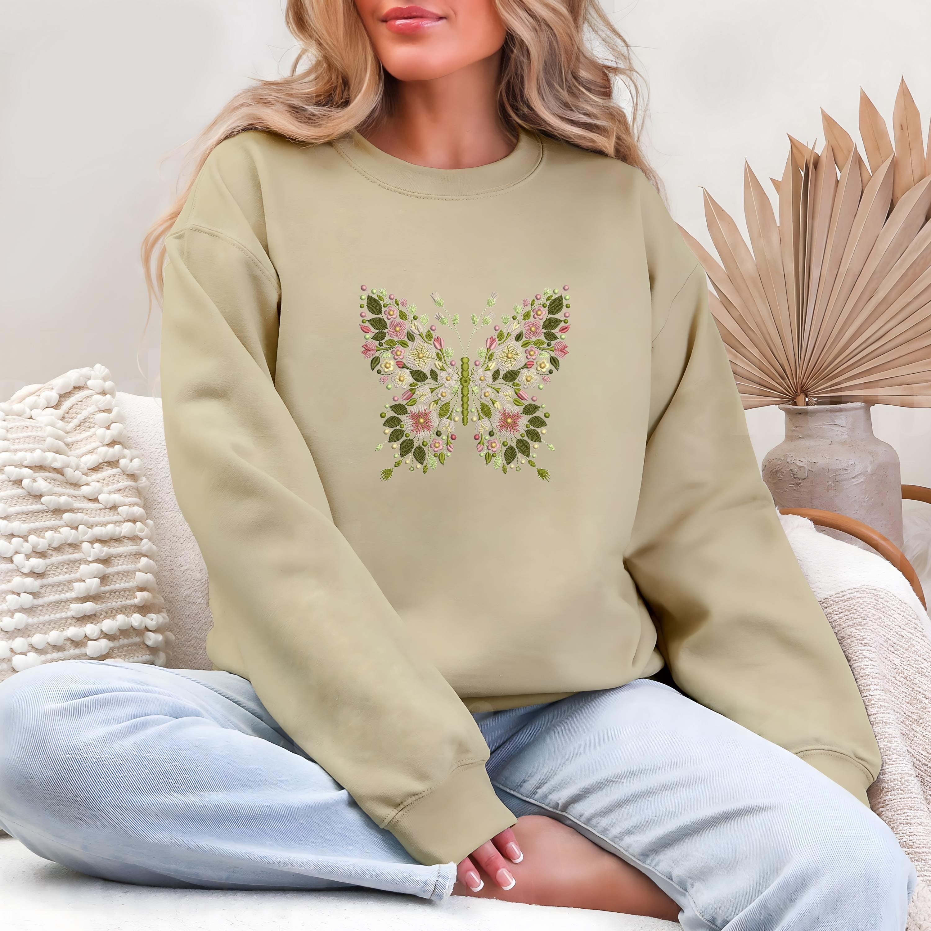 Butterfly Machine Embroidered Sweatshirt Butterfly Floral Embroidery Sewing Patchembroidery Pattern Butterflies Tee Gift For Women
