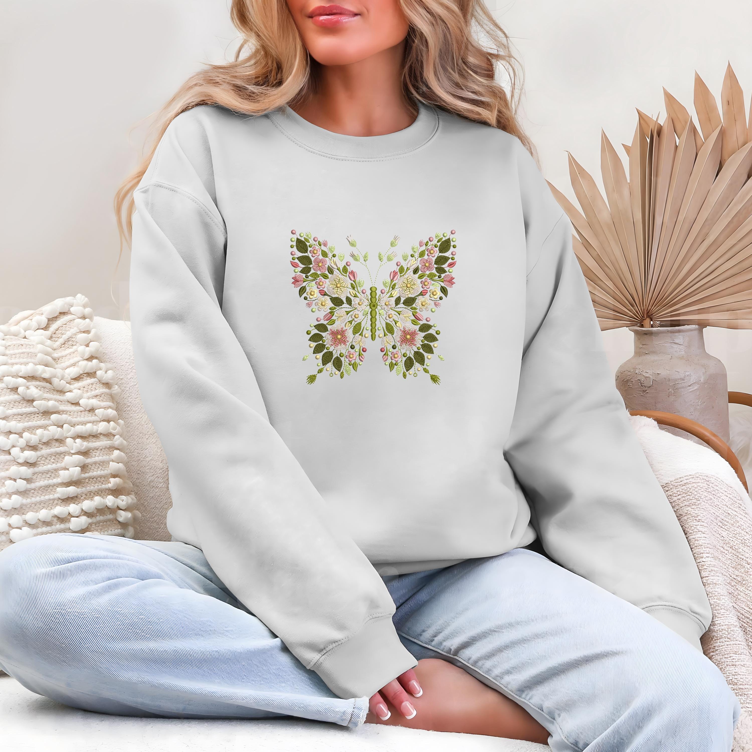 Butterfly Machine Embroidered Sweatshirt Butterfly Floral Embroidery Sewing Patchembroidery Pattern Butterflies Tee Gift For Women