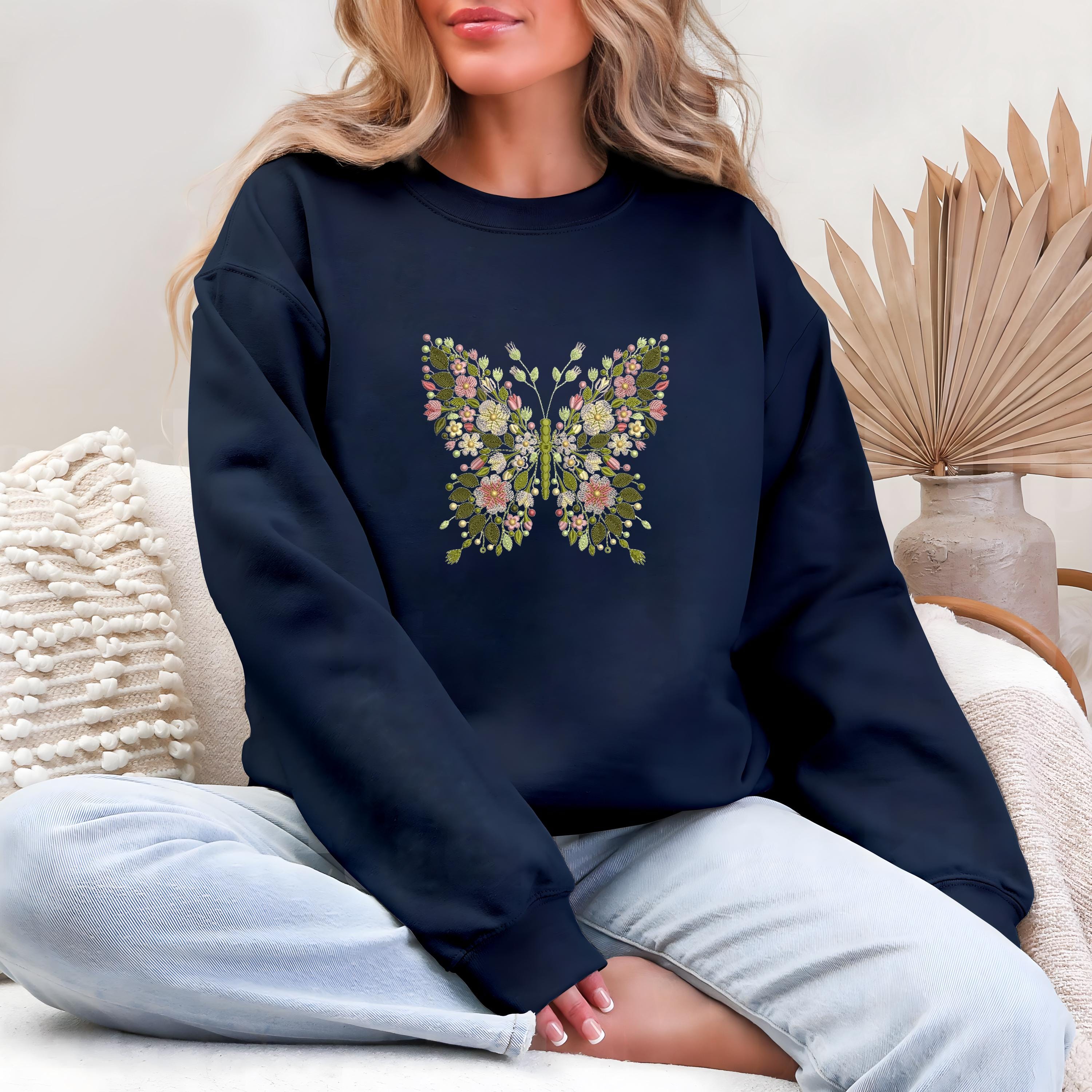 Butterfly Machine Embroidered Sweatshirt Butterfly Floral Embroidery Sewing Patchembroidery Pattern Butterflies Tee Gift For Women