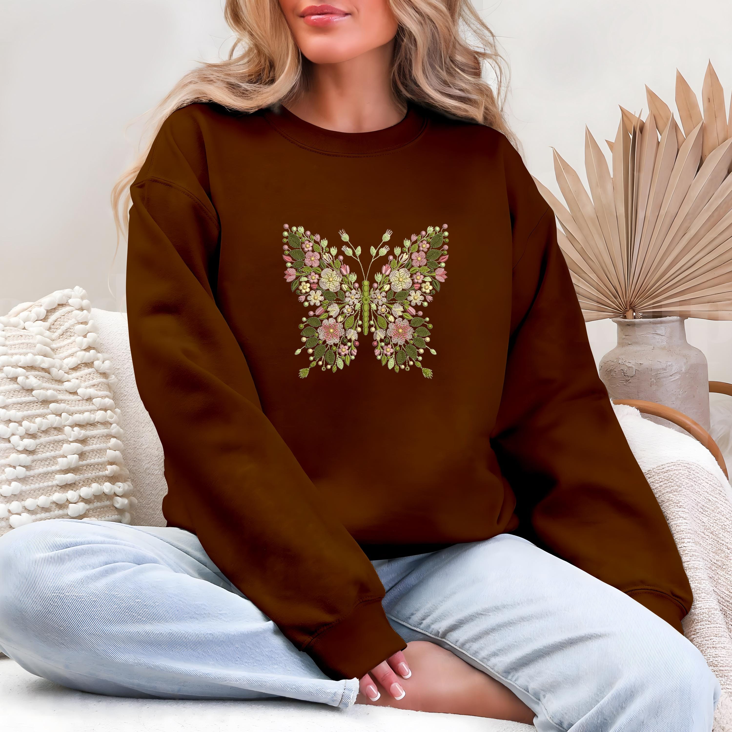 Butterfly Machine Embroidered Sweatshirt Butterfly Floral Embroidery Sewing Patchembroidery Pattern Butterflies Tee Gift For Women