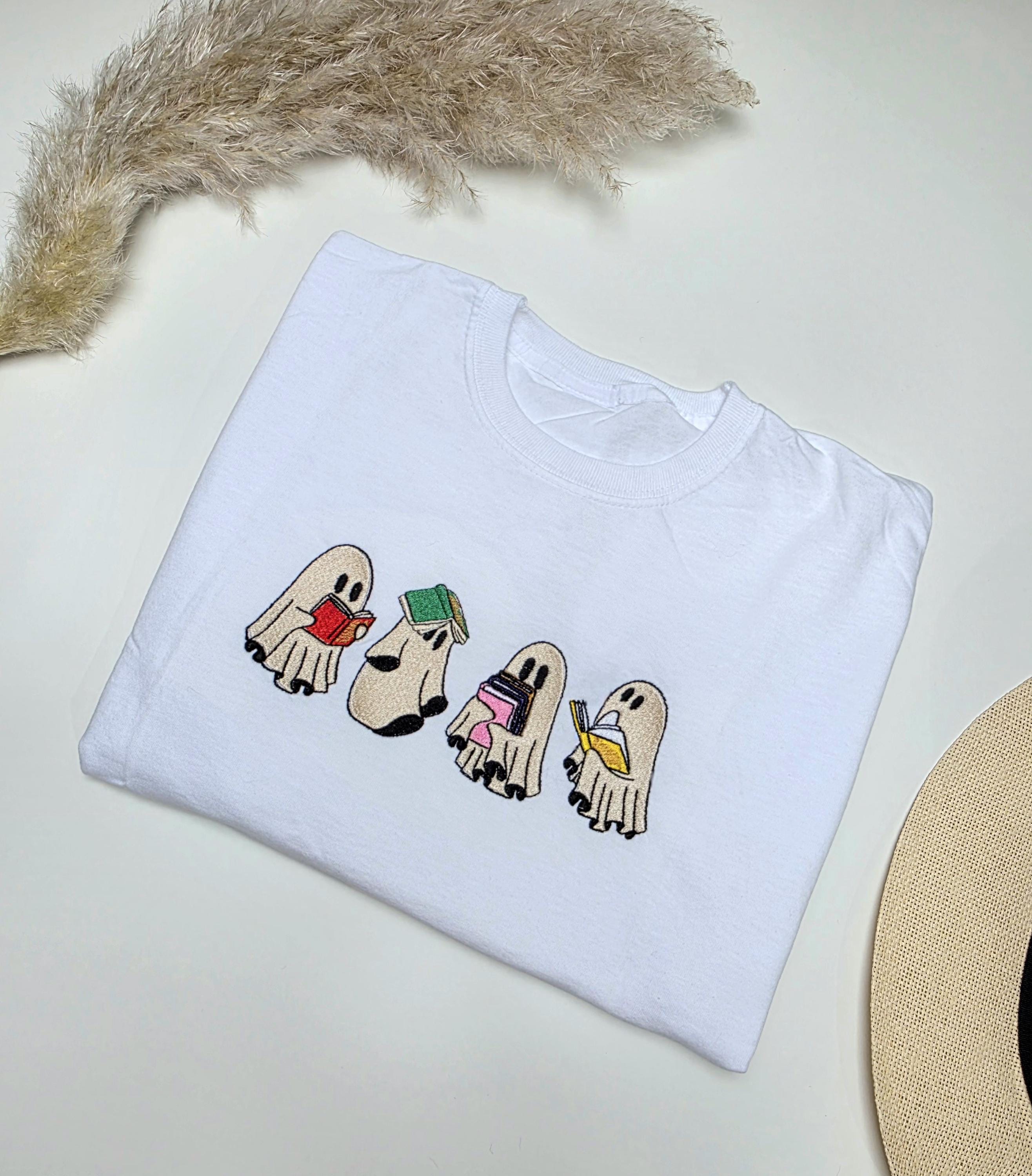 Sweatshirt Ghost Kids Book Embroidered Birthday Gift Ghost Reading Children Sweater Tshirt For Kids Gift School Learning Hoodie Ghost With Book