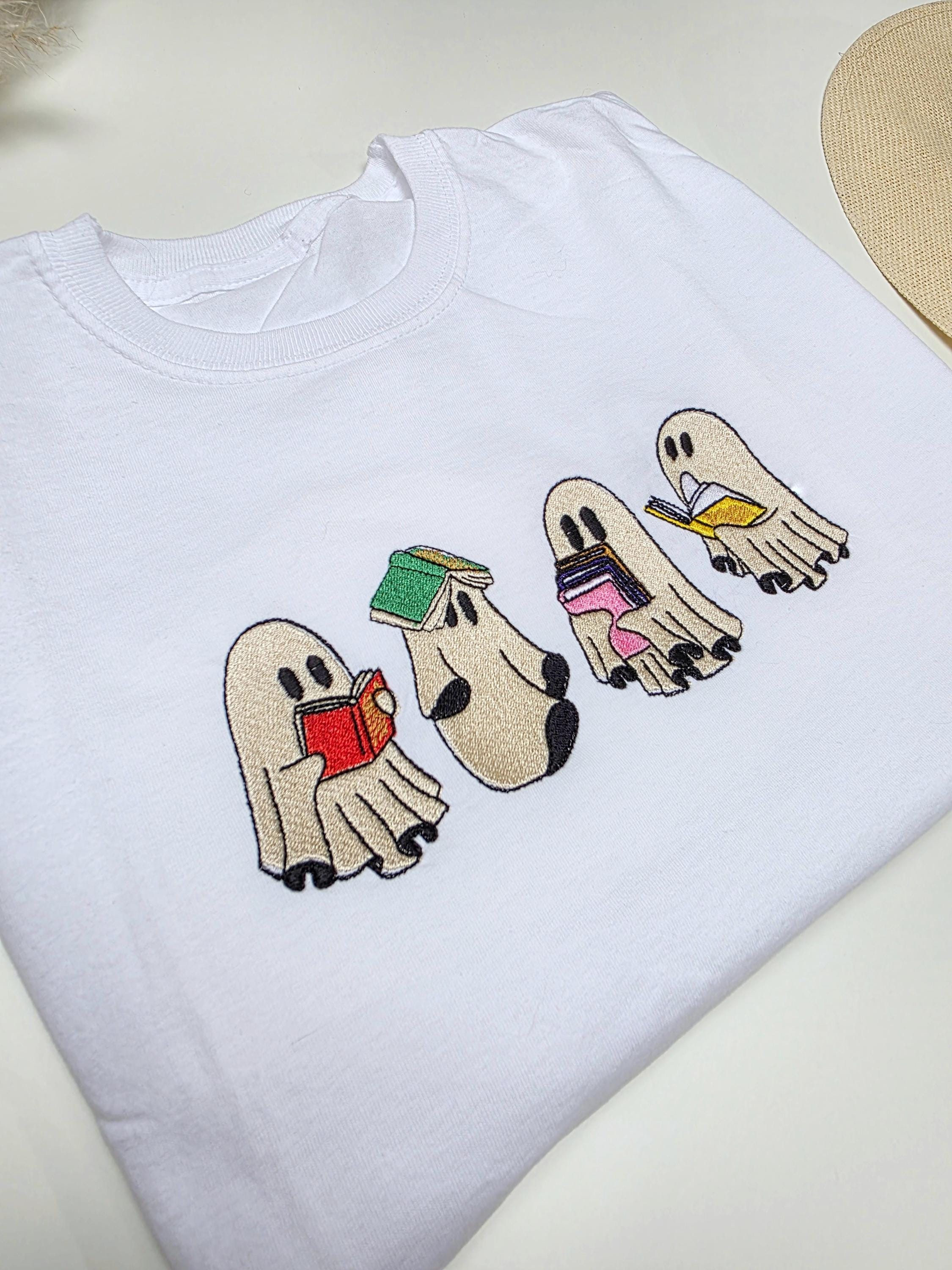Sweatshirt Ghost Kids Book Embroidered Birthday Gift Ghost Reading Children Sweater Tshirt For Kids Gift School Learning Hoodie Ghost With Book