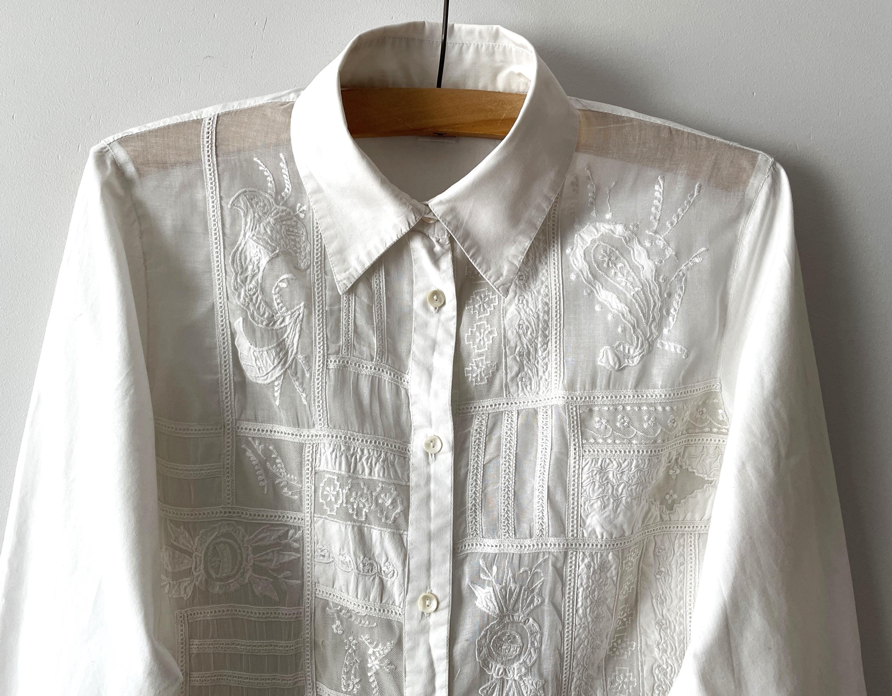 White Women's Blouse Embroidered Summer Top Long Sleeve Shirt With Lace Embroidery Gift For Her Size Medium