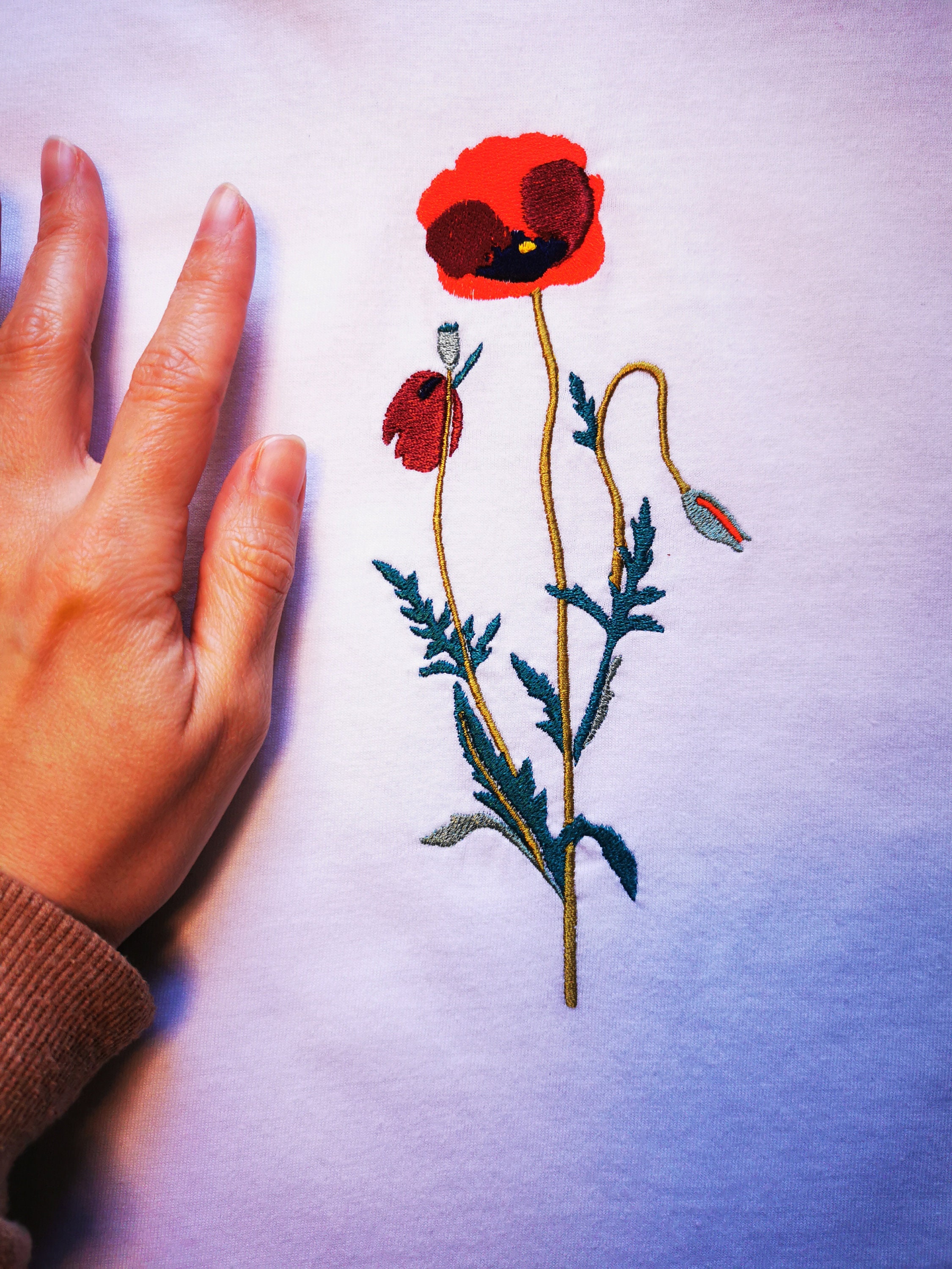 Poppy Flower Embroidered T-shirt Papaver Somniferum Embroidery On Cotton T-shirt Red Flower Embroidery T-shirt Wild Flower T-shirt