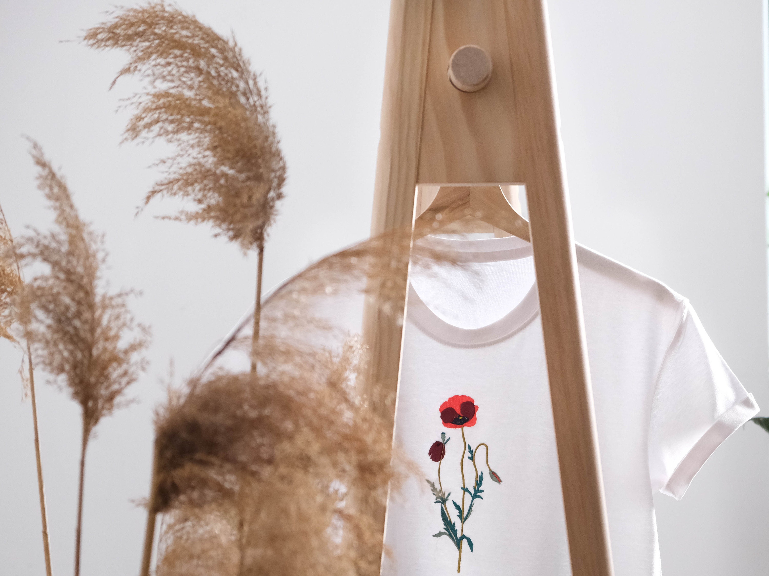 Poppy Flower Embroidered T-shirt Papaver Somniferum Embroidery On Cotton T-shirt Red Flower Embroidery T-shirt Wild Flower T-shirt