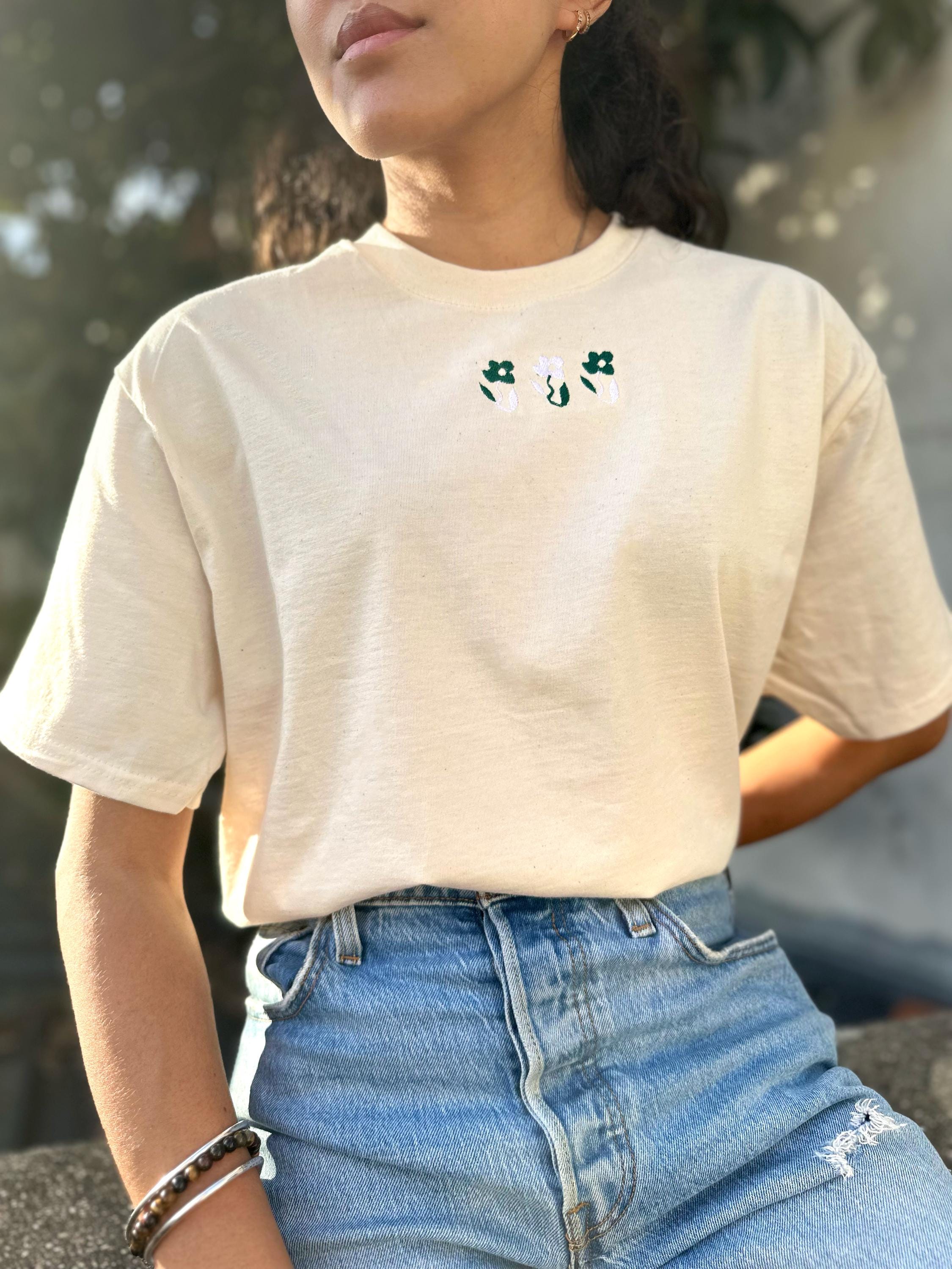 Blue Mineral Cotton T-shirt Embroidered With Personal Design Triple Fleurs