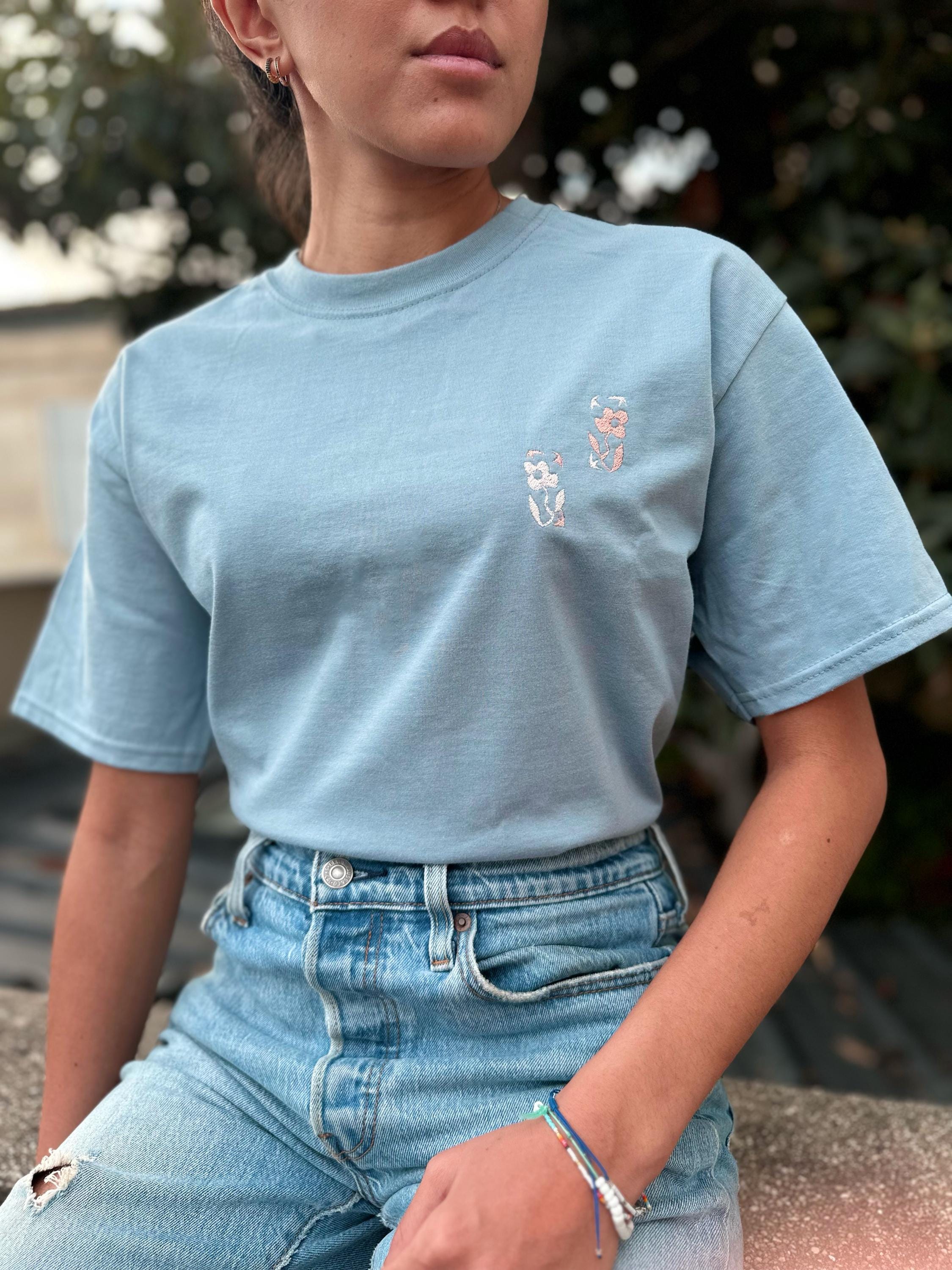 Beige Natural Cotton T-shirt Embroidered With Personal Design Double Fleurs