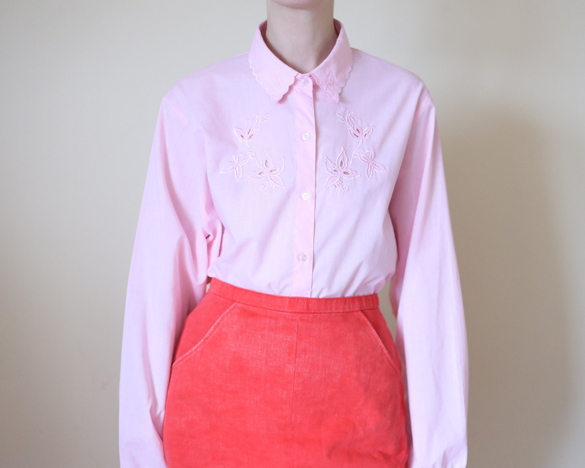 Embroidered Baby Pink Button Up Blouse M-l