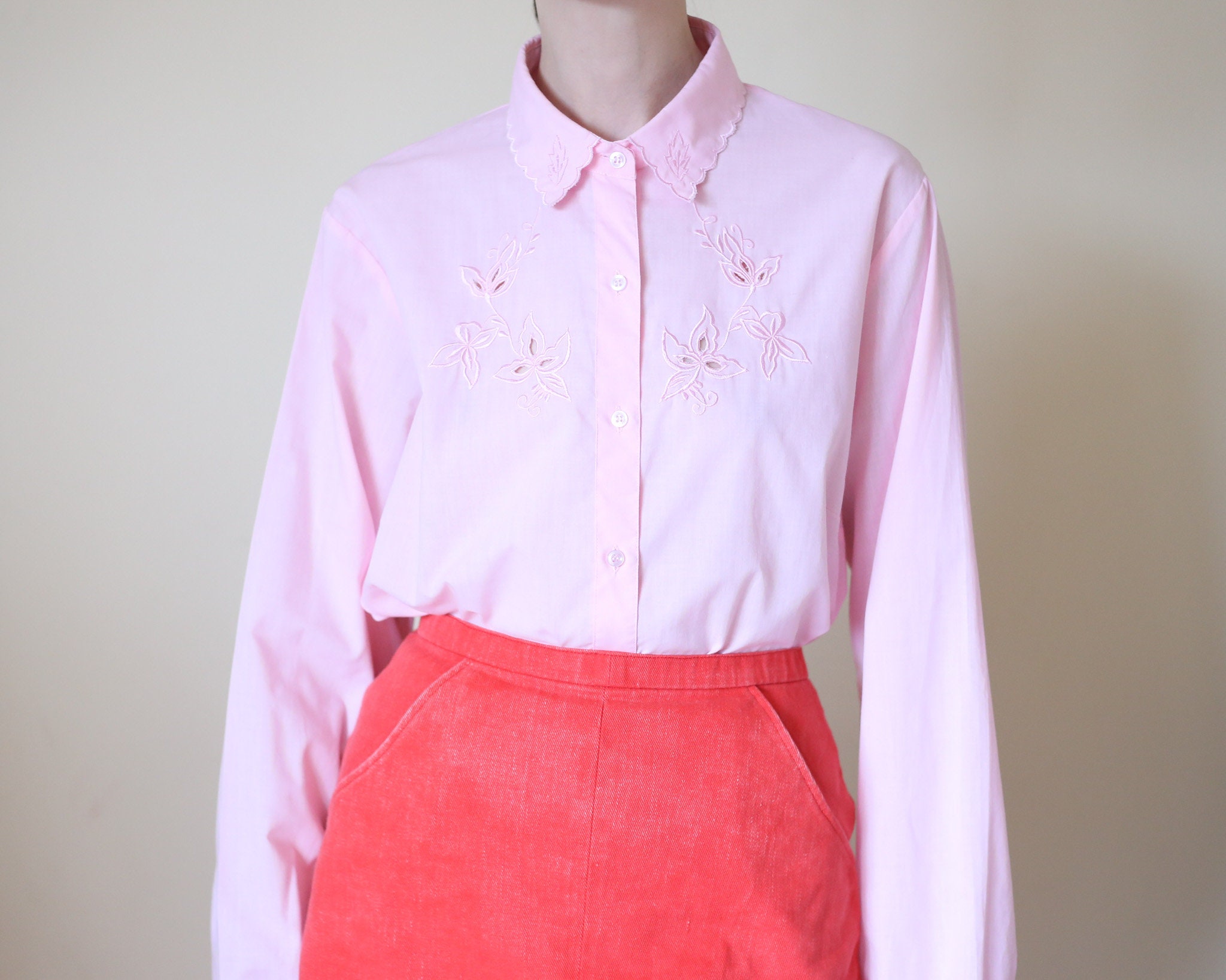 Embroidered Baby Pink Button Up Blouse M-l