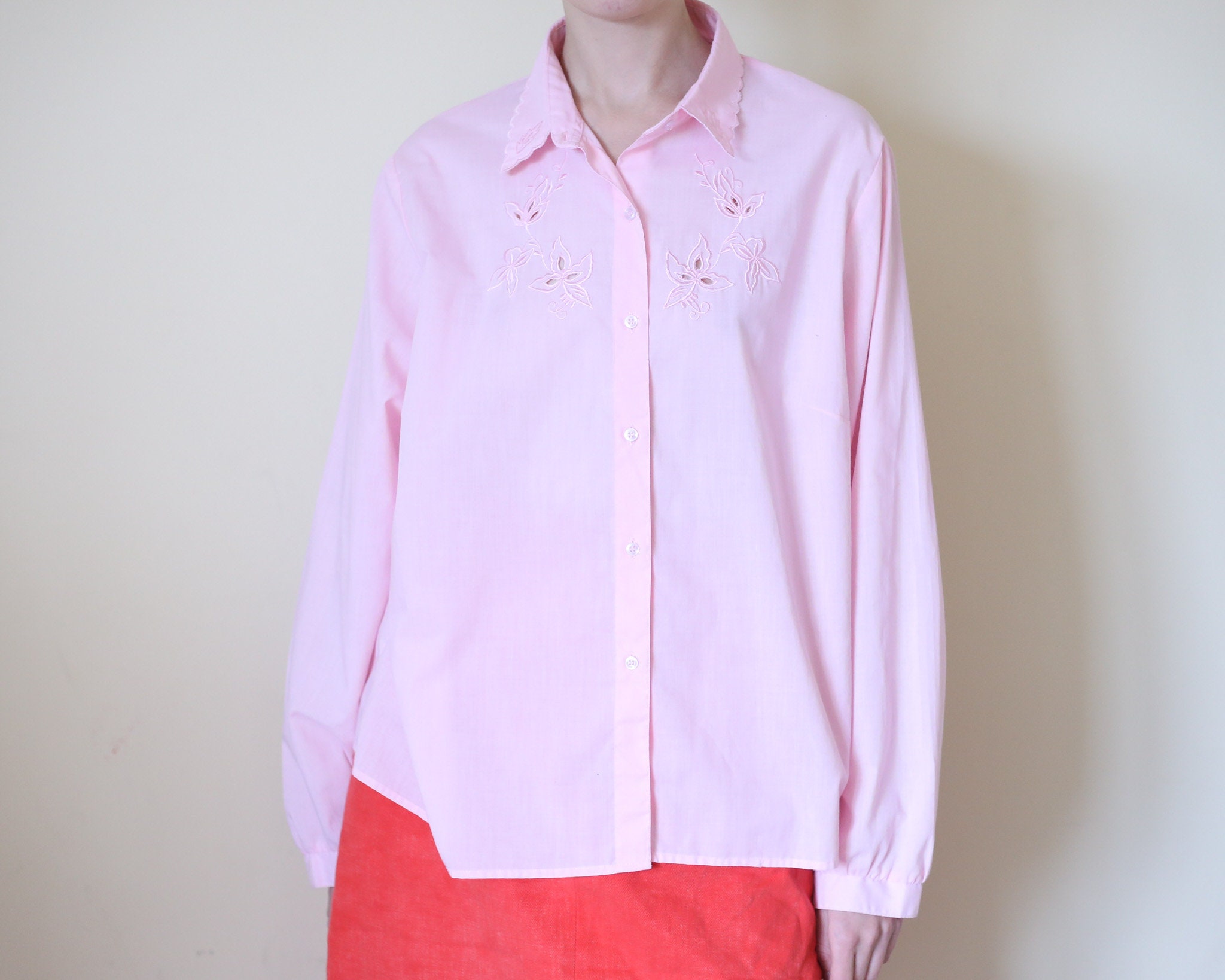 Embroidered Baby Pink Button Up Blouse M-l