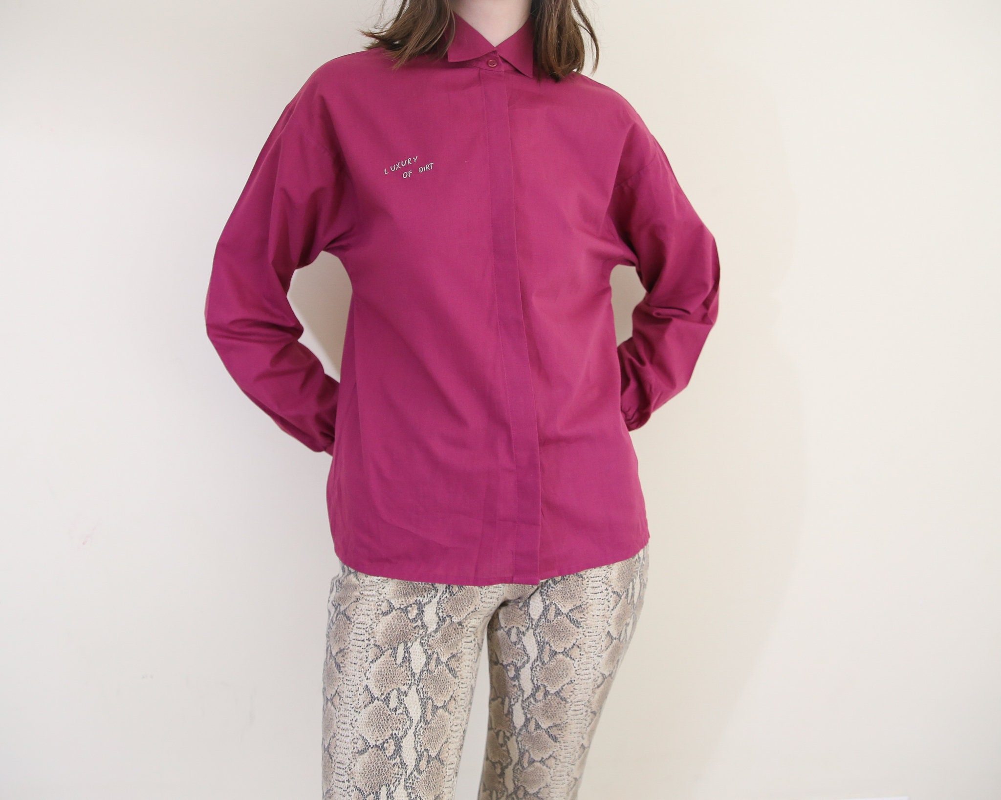Luxury Of Dirt Magenta Embroidered Classic Button Up Shirt S-m
