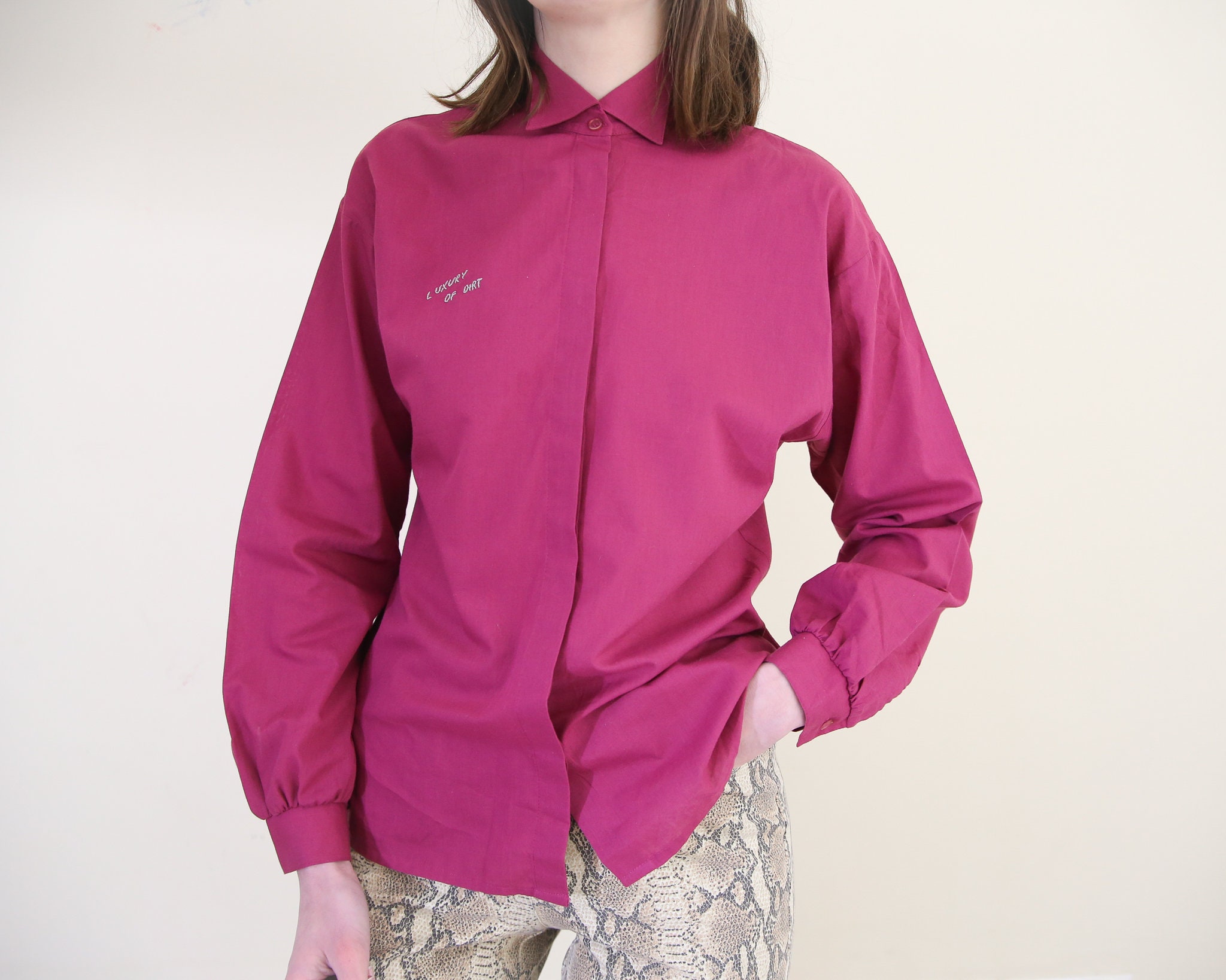 Luxury Of Dirt Magenta Embroidered Classic Button Up Shirt S-m