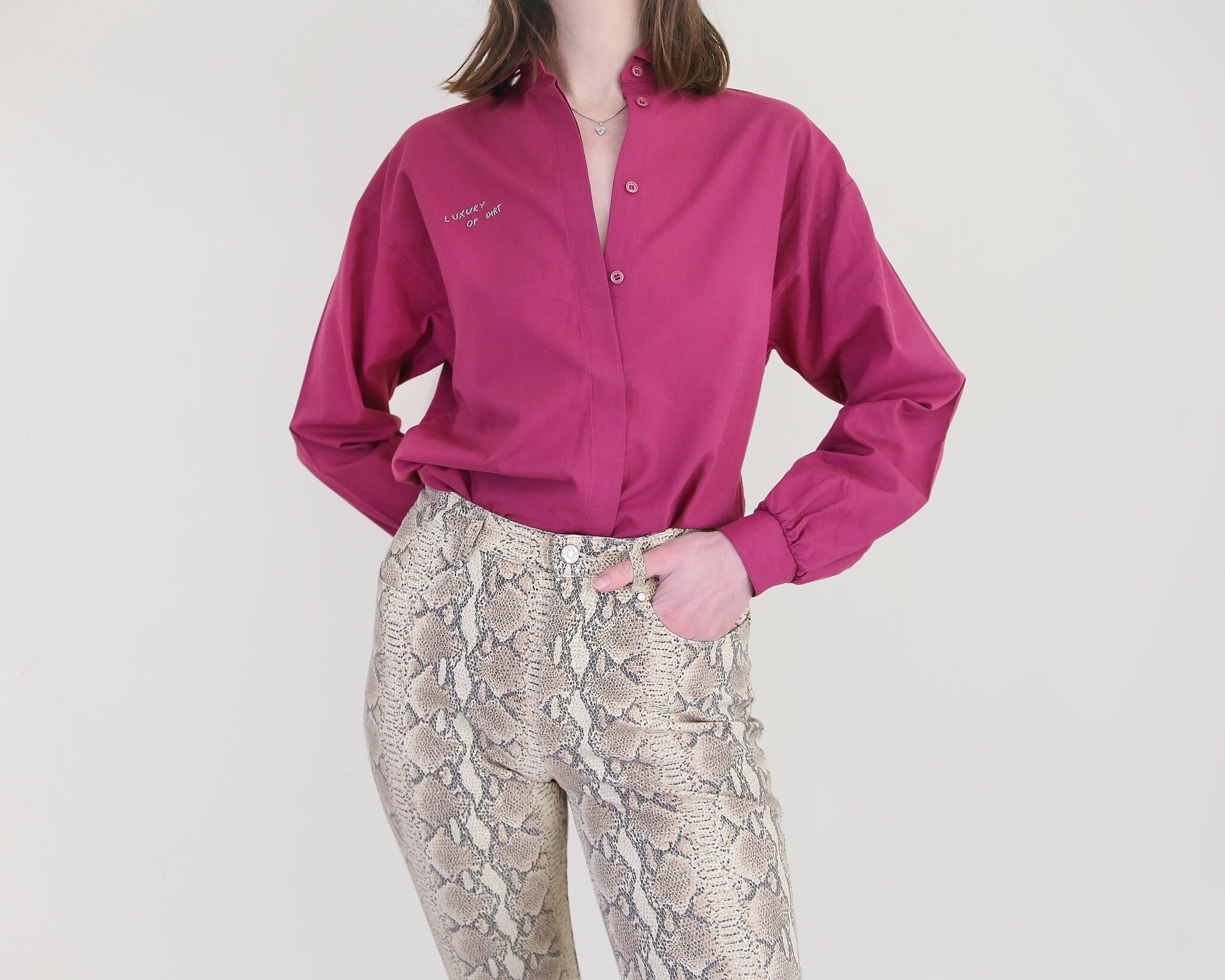 Luxury Of Dirt Magenta Embroidered Classic Button Up Shirt S-m