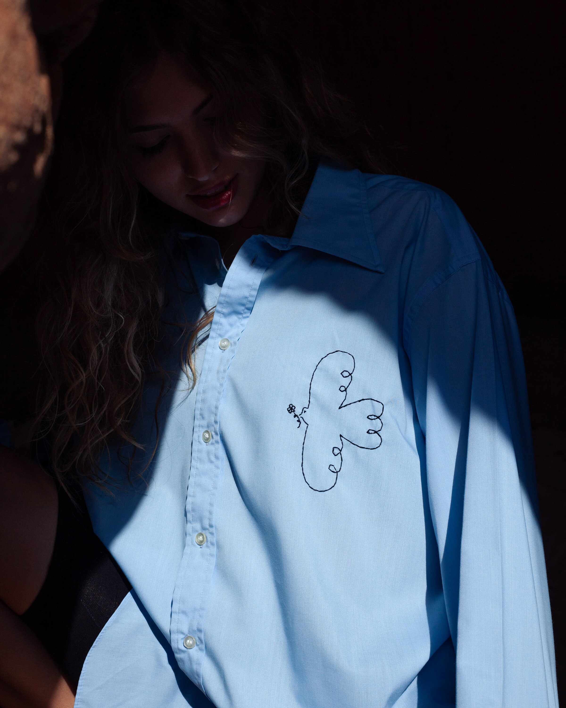 Hand Embroidered Oversized Shirt In Baby Blue
