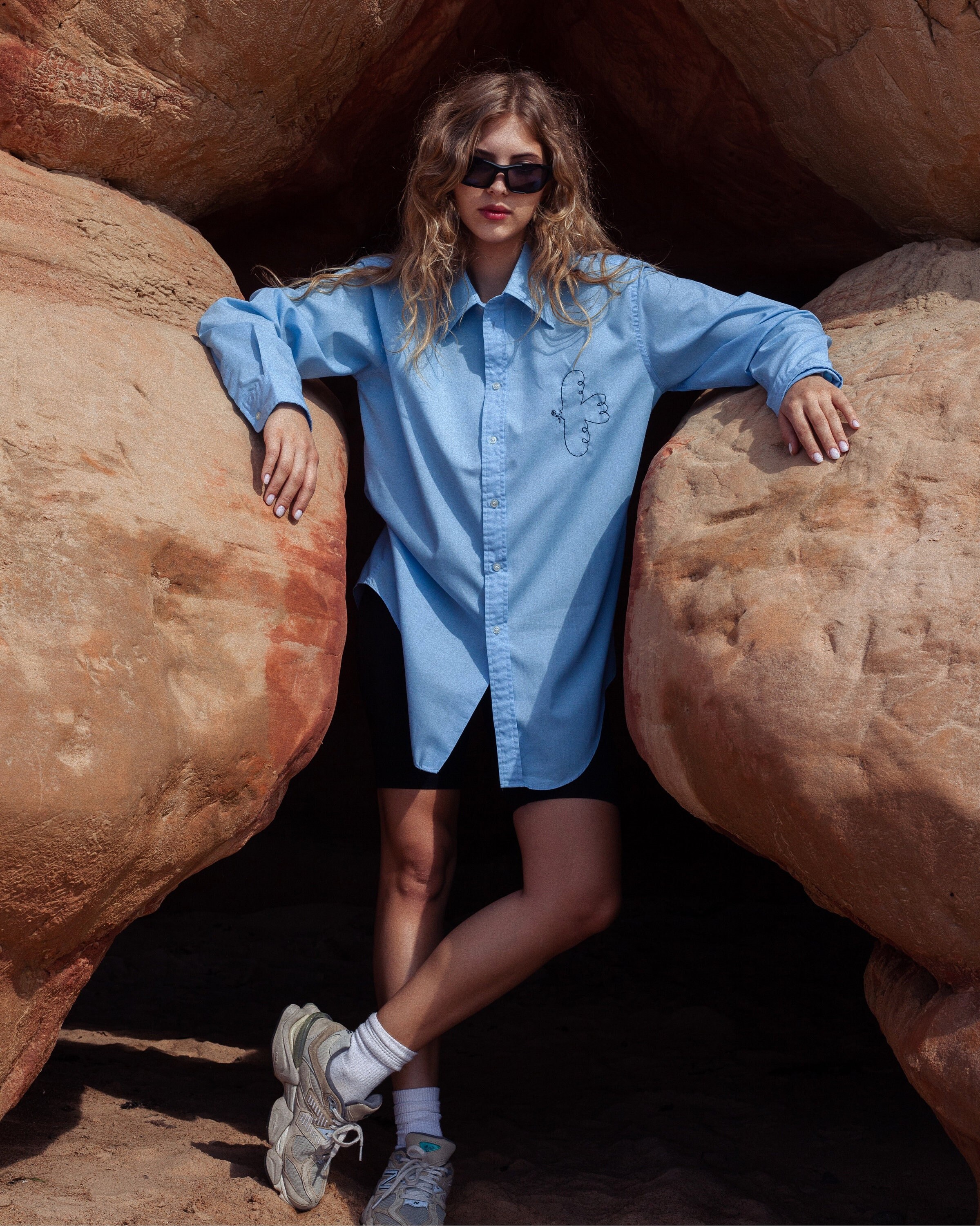 Hand Embroidered Oversized Shirt In Baby Blue