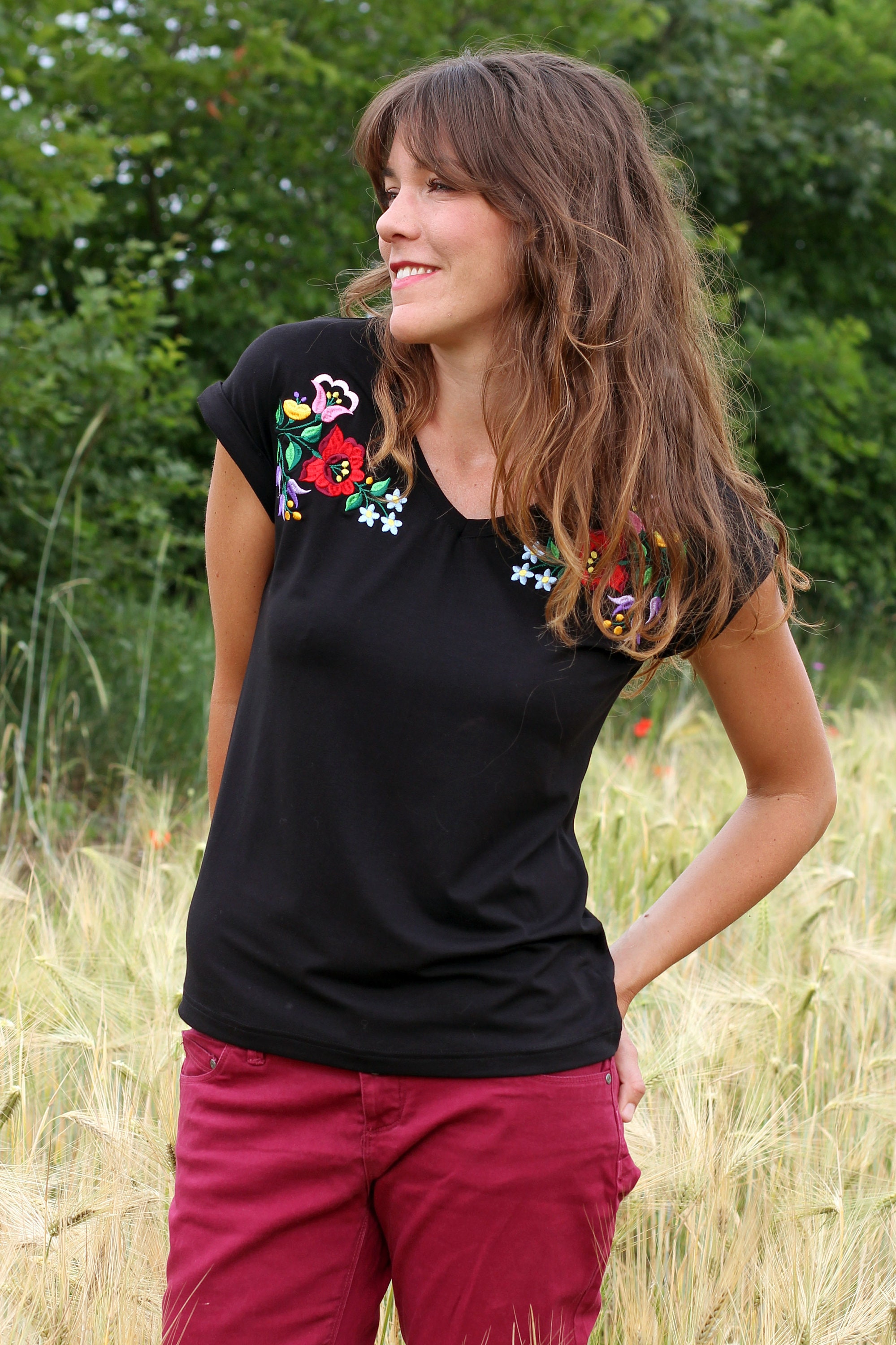 Loose Fit Embroidered Hungarian Folk Art Kalocsai Short Sleeve Shirt From Hungary-black