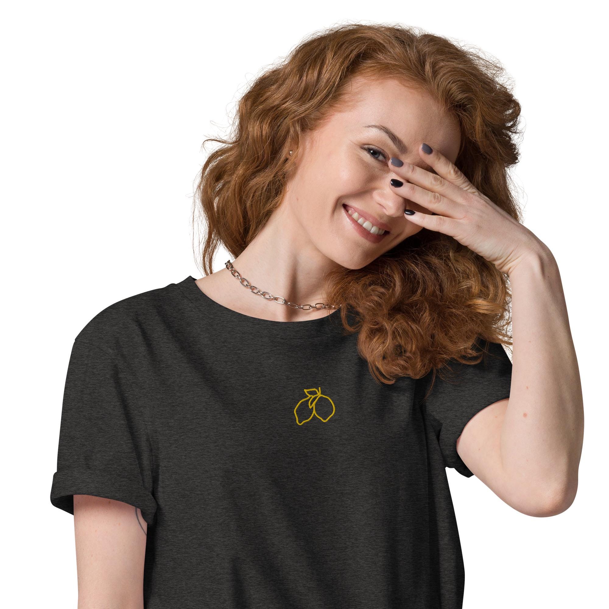 Embroidered Lemon Organic Cotton T-shirt With Embroidered Trendy Lemon – Embroidered Shirt – Minimalist Design – Various Colors