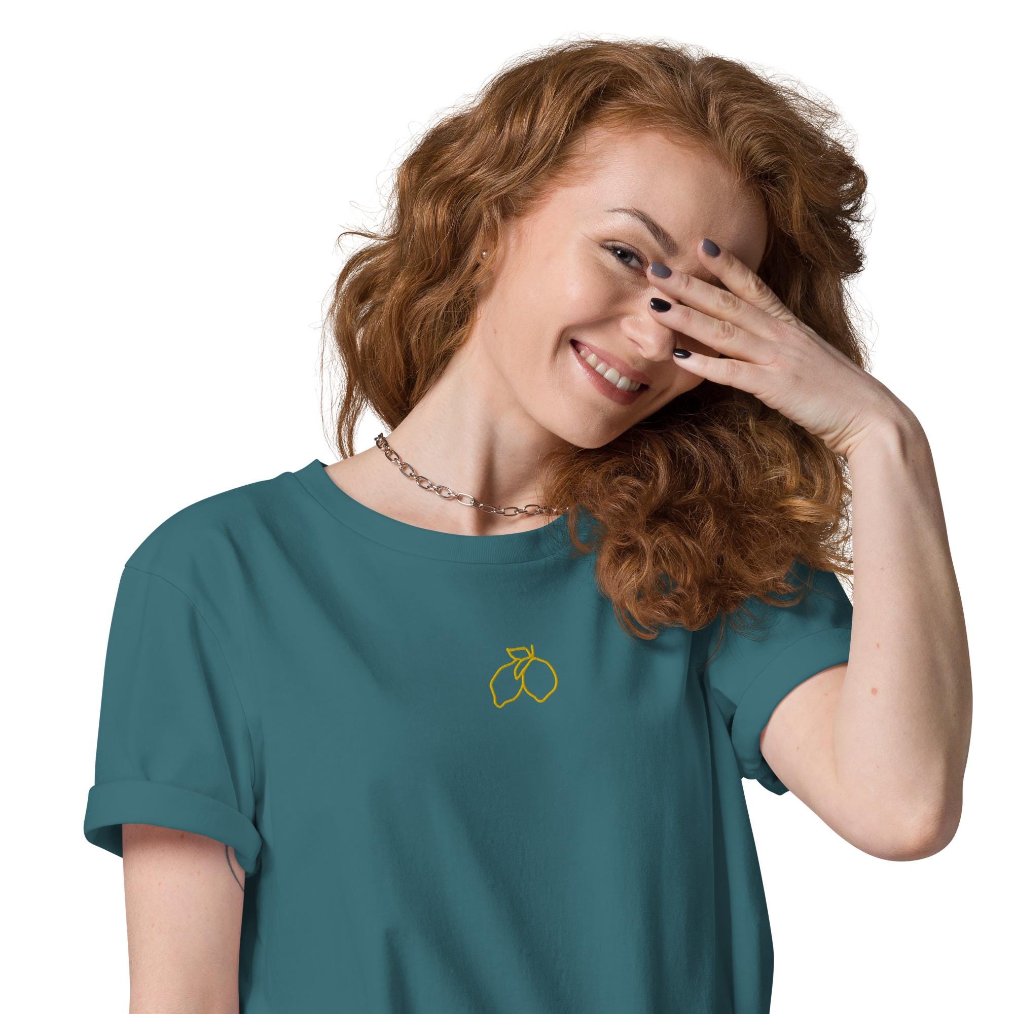 Embroidered Lemon Organic Cotton T-shirt With Embroidered Trendy Lemon - Embroidered Shirt - Minimalist Design - Various Colors