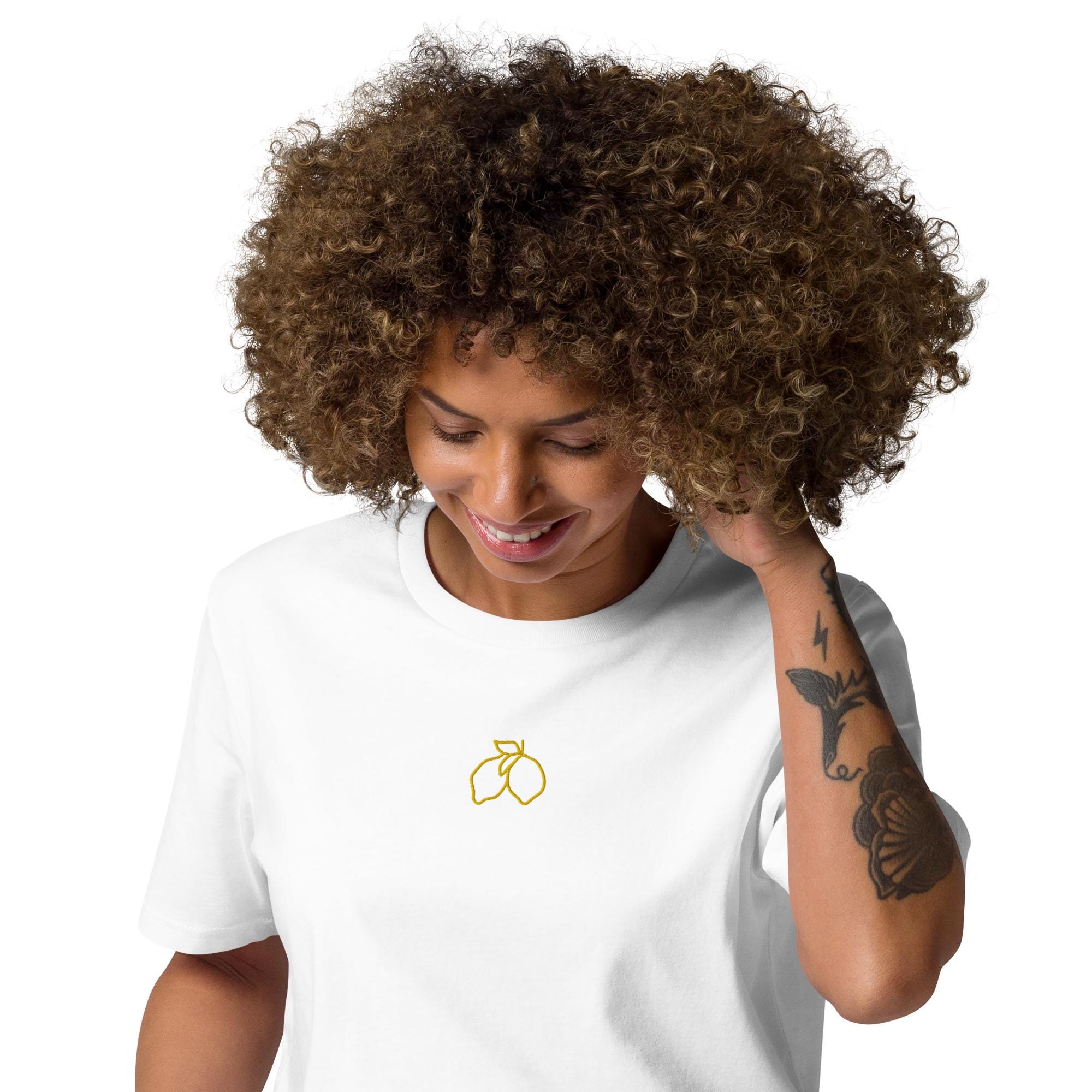 Embroidered Lemon Organic Cotton T-shirt With Embroidered Trendy Lemon - Embroidered Shirt - Minimalist Design - Various Colors