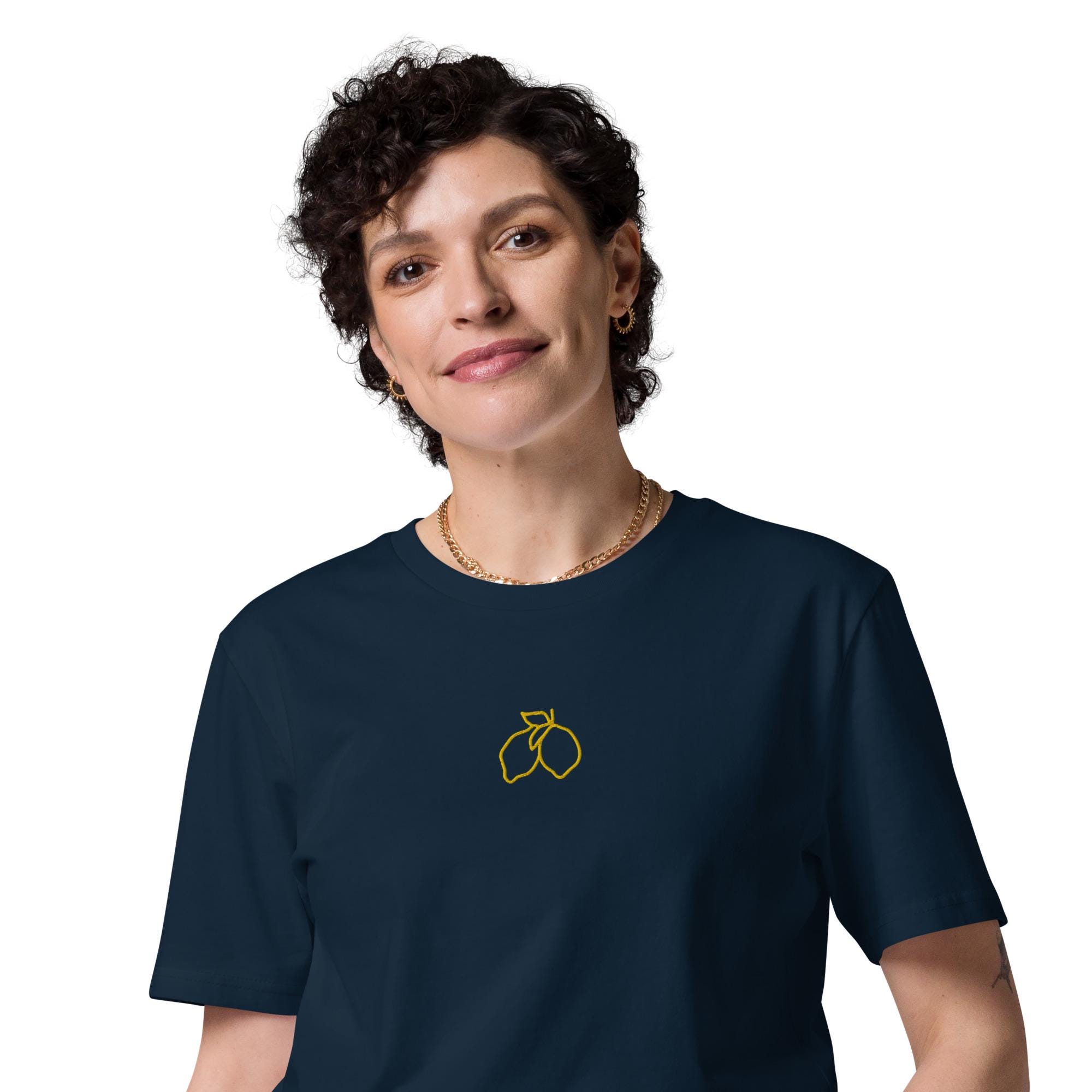 Embroidered Lemon Organic Cotton T-shirt With Embroidered Trendy Lemon - Embroidered Shirt - Minimalist Design - Various Colors