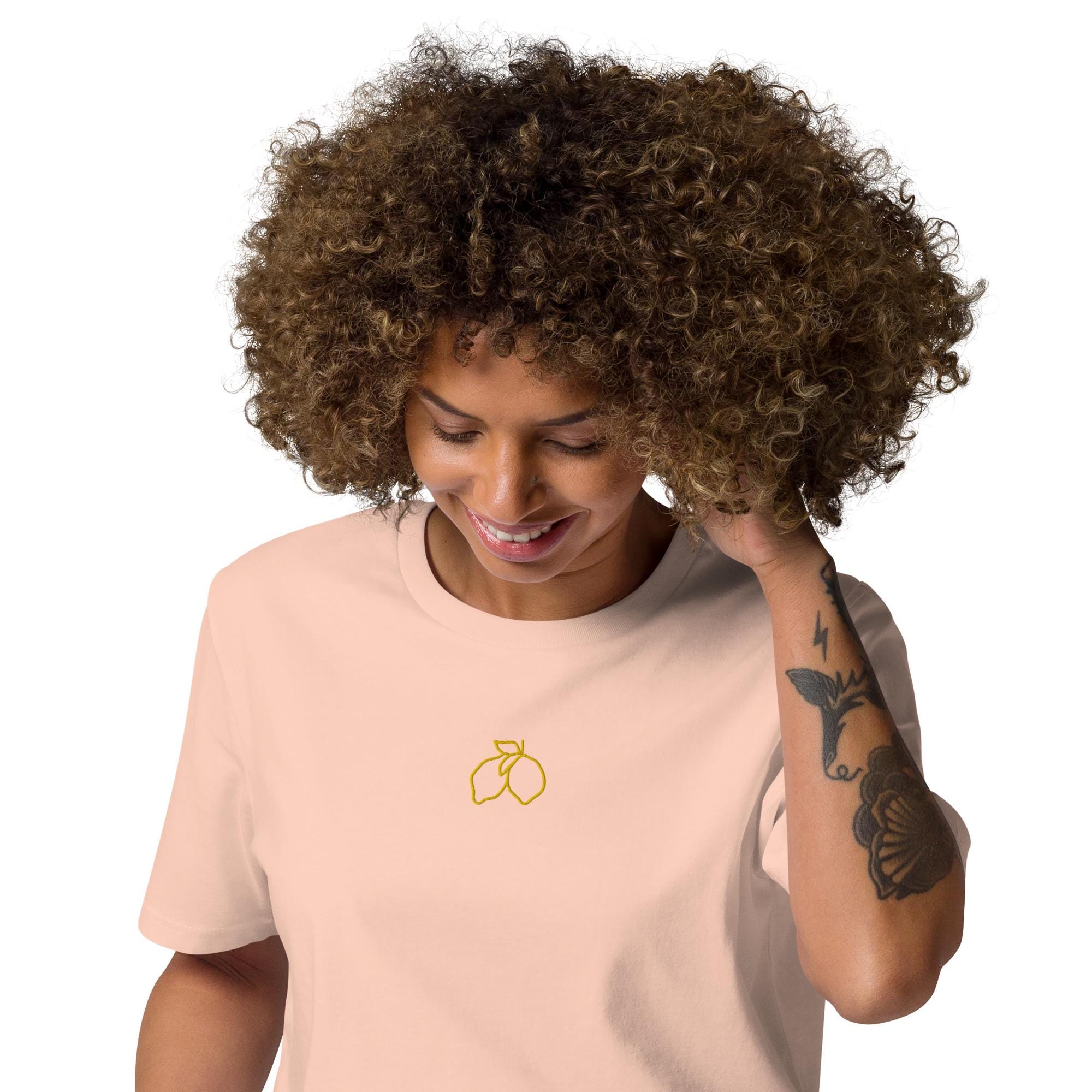 Embroidered Lemon Organic Cotton T-shirt With Embroidered Trendy Lemon - Embroidered Shirt - Minimalist Design - Various Colors