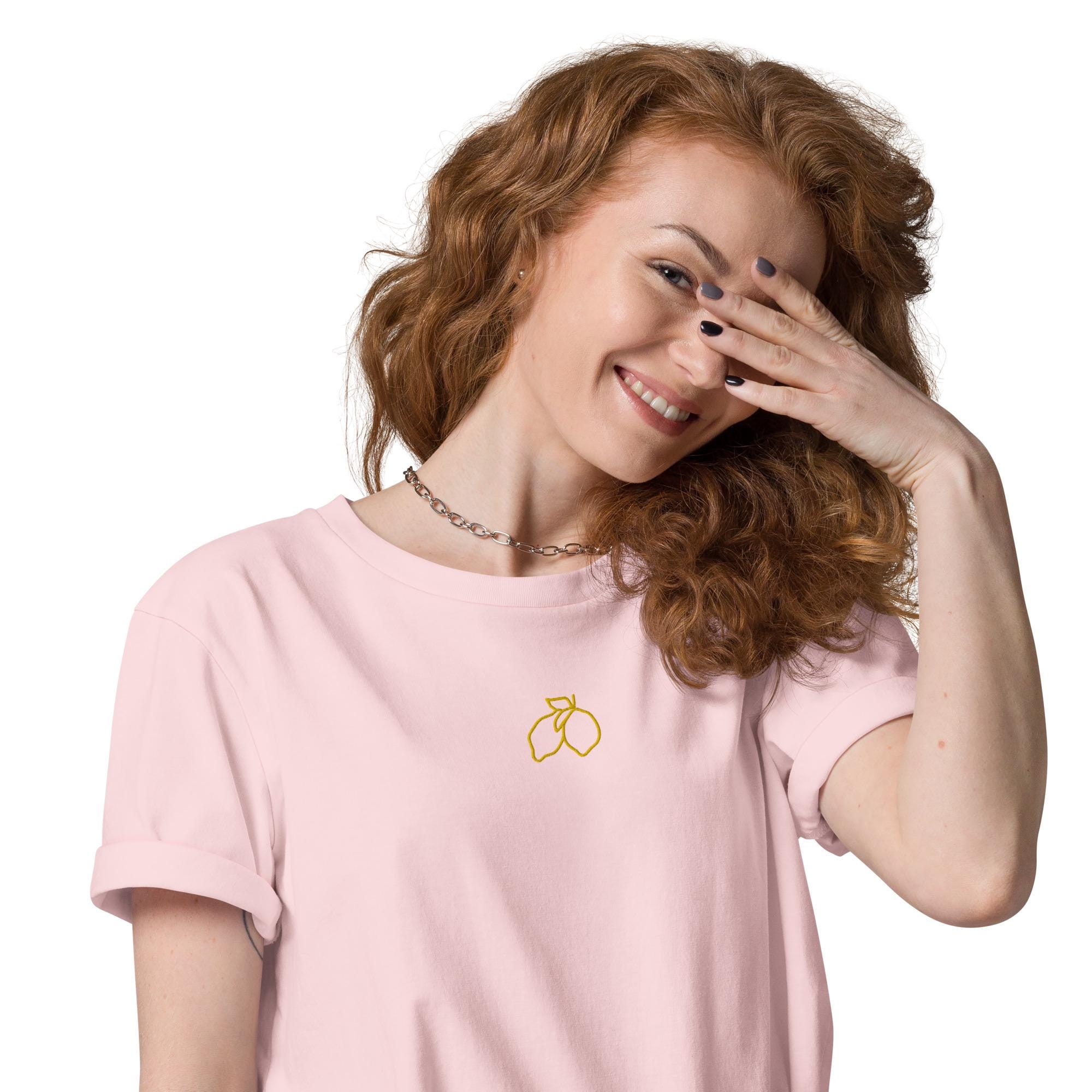 Embroidered Lemon Organic Cotton T-shirt With Embroidered Trendy Lemon - Embroidered Shirt - Minimalist Design - Various Colors